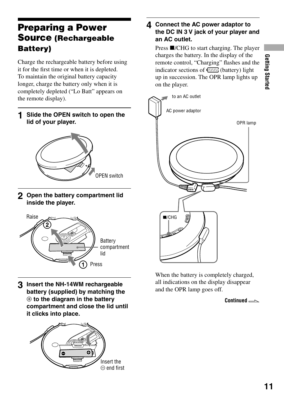Preparing a power source (rechargeable battery), Preparing a power source, Rechargeable battery) | Sony NE720LS User Manual | Page 11 / 39