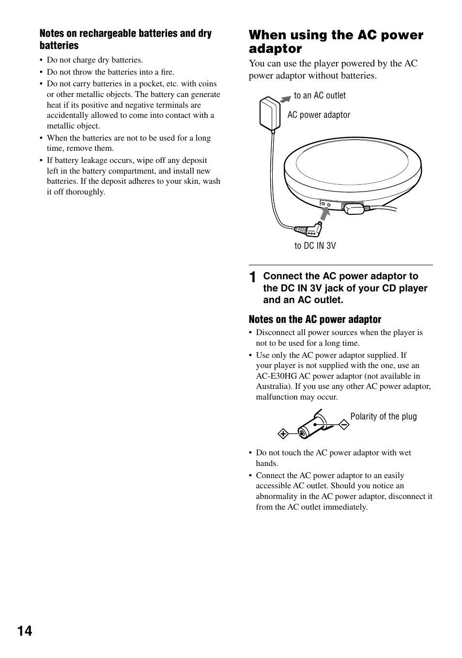 When using the ac power adaptor | Sony NE720LS User Manual | Page 14 / 39