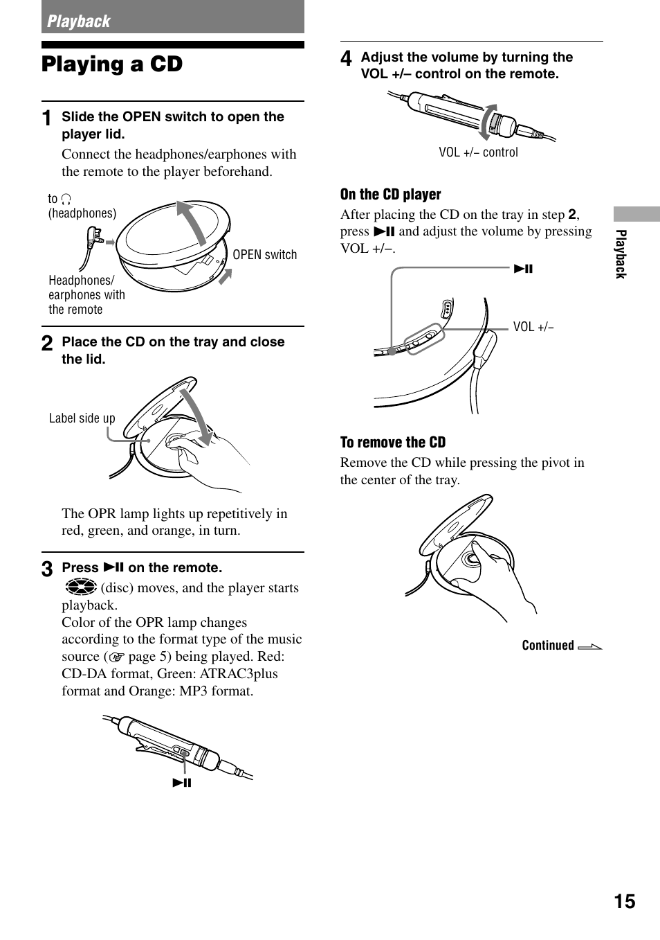 Playback, Playing a cd, Playing a cd 1 | Sony NE720LS User Manual | Page 15 / 39