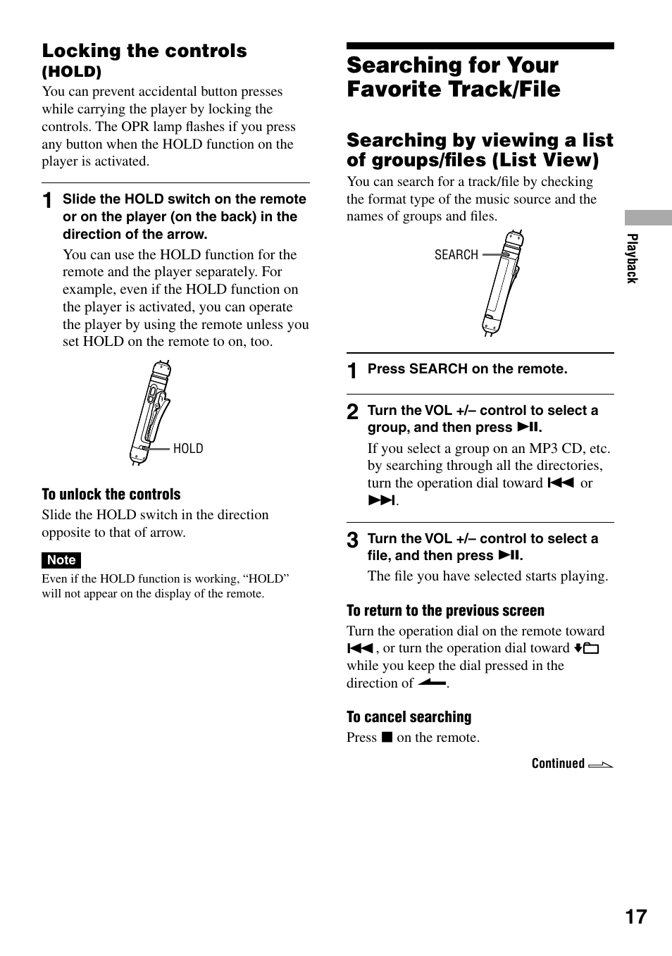 Locking the controls (hold), Searching for your favorite track/file, Searching for your favorite | Track/file, Searching by viewing a list of groups/ﬁles, List view), Locking the controls | Sony NE720LS User Manual | Page 17 / 39