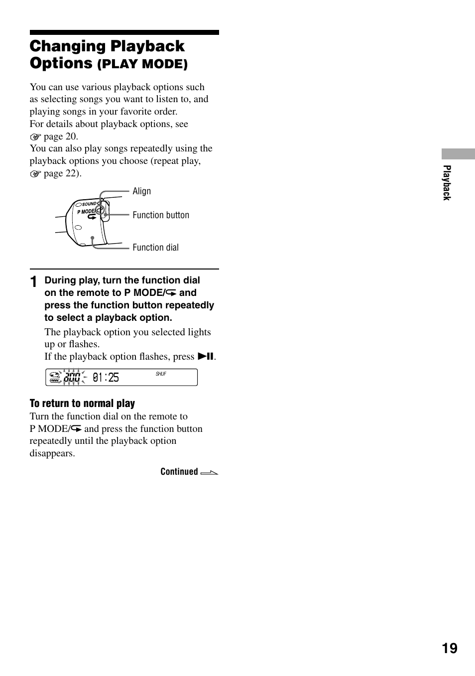 Changing playback options (play mode), Changing playback options, Play mode) | Sony NE720LS User Manual | Page 19 / 39