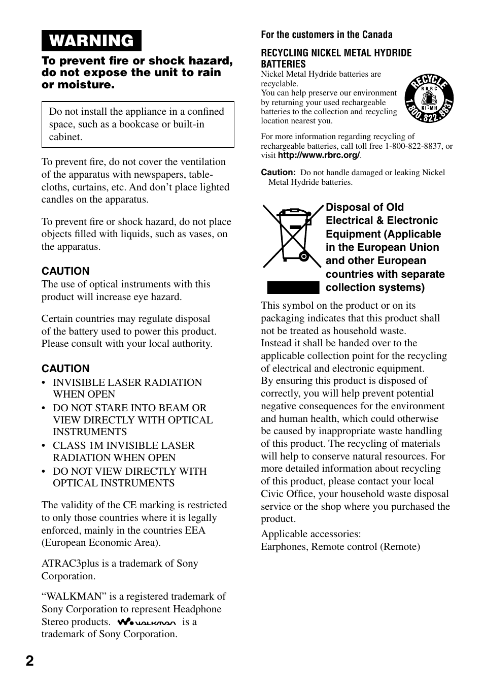 Warning | Sony NE720LS User Manual | Page 2 / 39