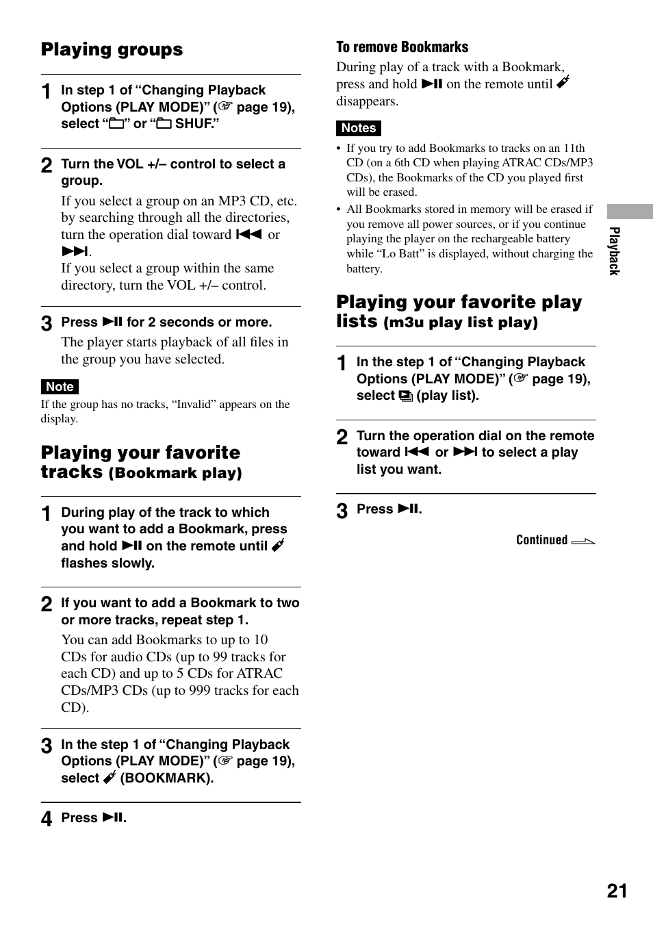 Playing groups, Playing your favorite tracks (bookmark play), Playing groups playing your favorite tracks | Bookmark play), Playing your favorite play lists, M3u play list play), Playing your favorite tracks | Sony NE720LS User Manual | Page 21 / 39