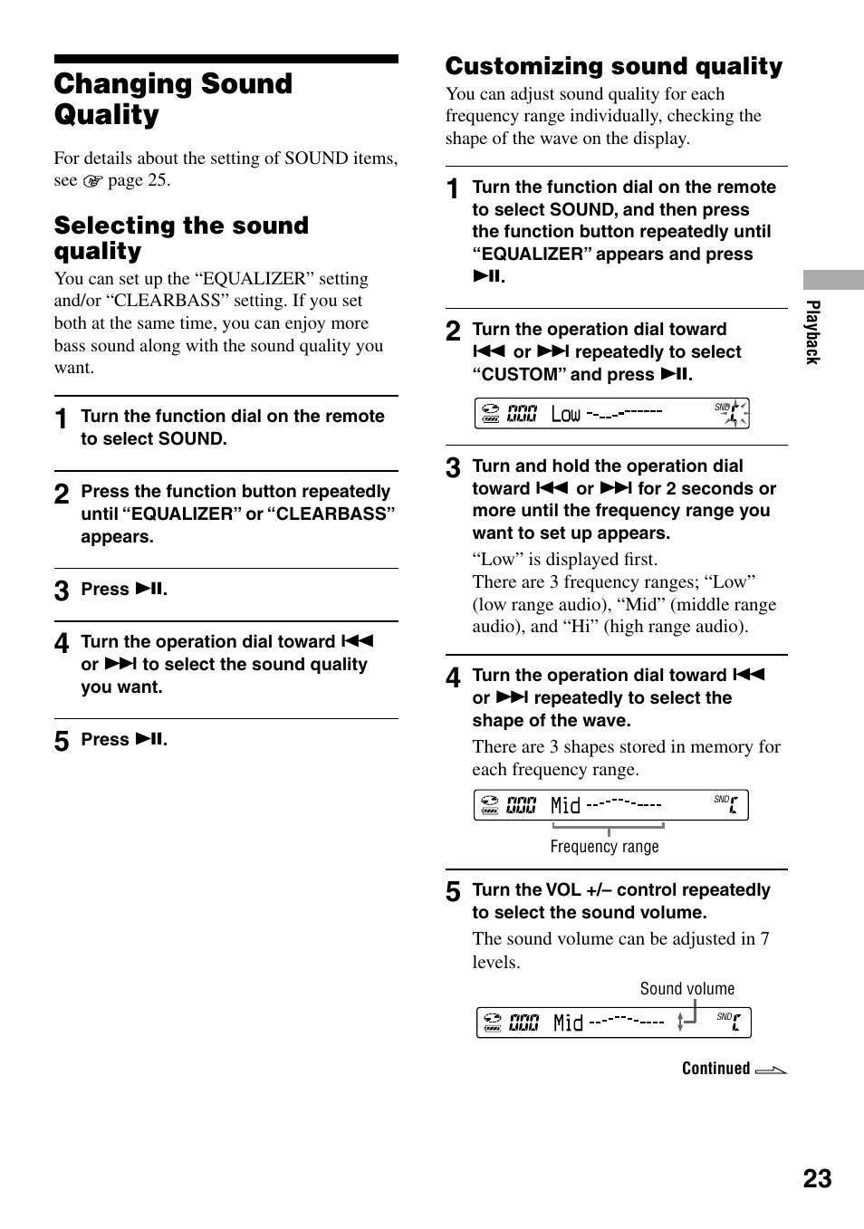 Changing sound quality, Selecting the sound quality, Customizing sound quality | Sony NE720LS User Manual | Page 23 / 39
