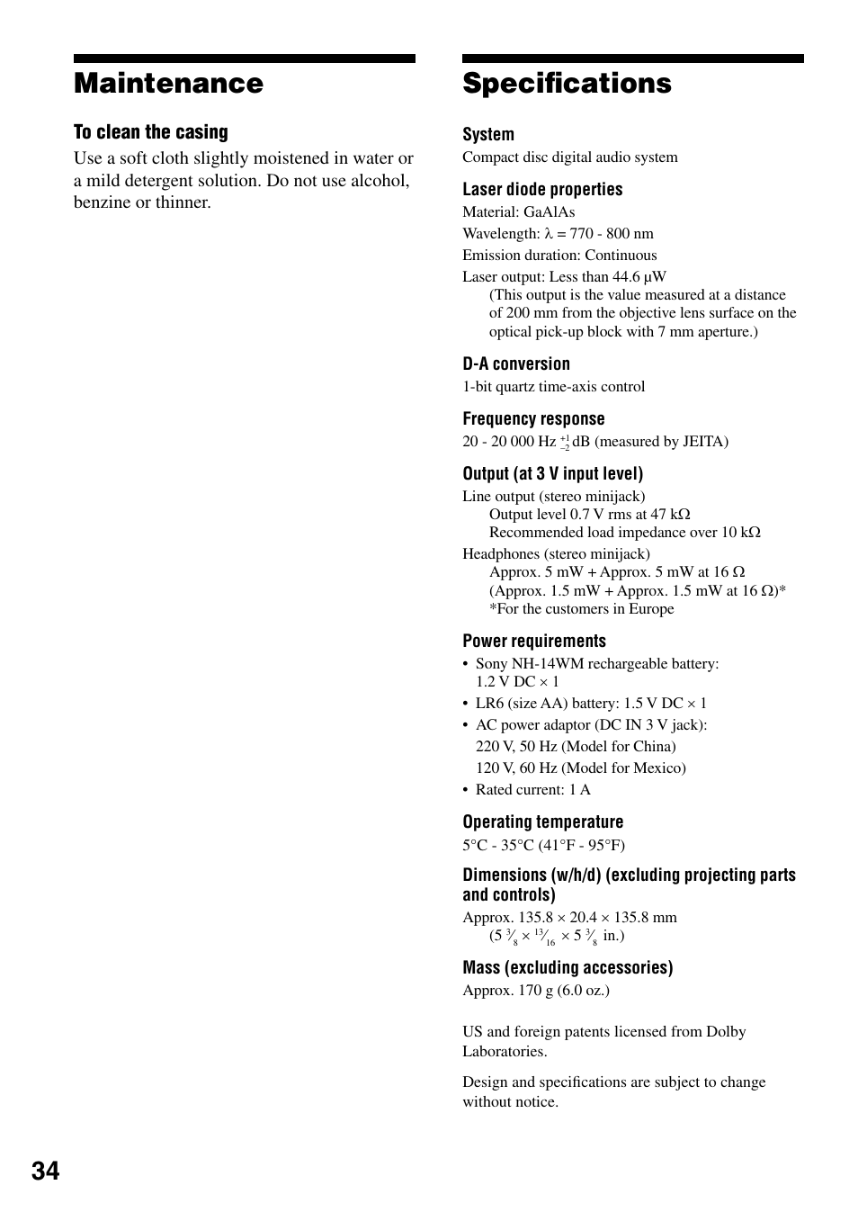 Maintenance, Specifications, Maintenance speciﬁcations | Speciﬁcations | Sony NE720LS User Manual | Page 34 / 39