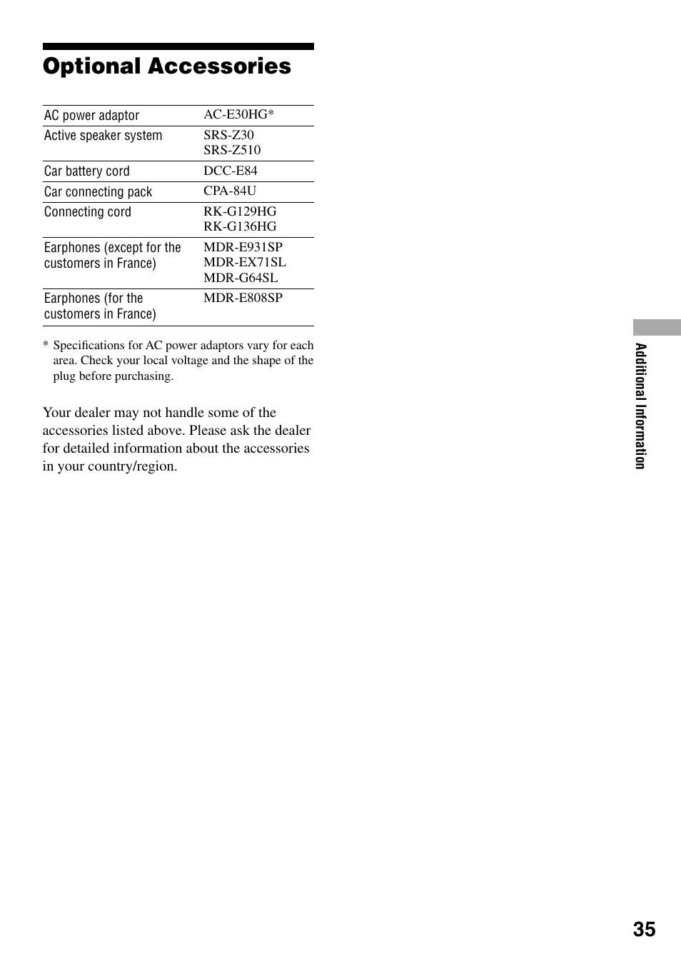 Optional accessories | Sony NE720LS User Manual | Page 35 / 39