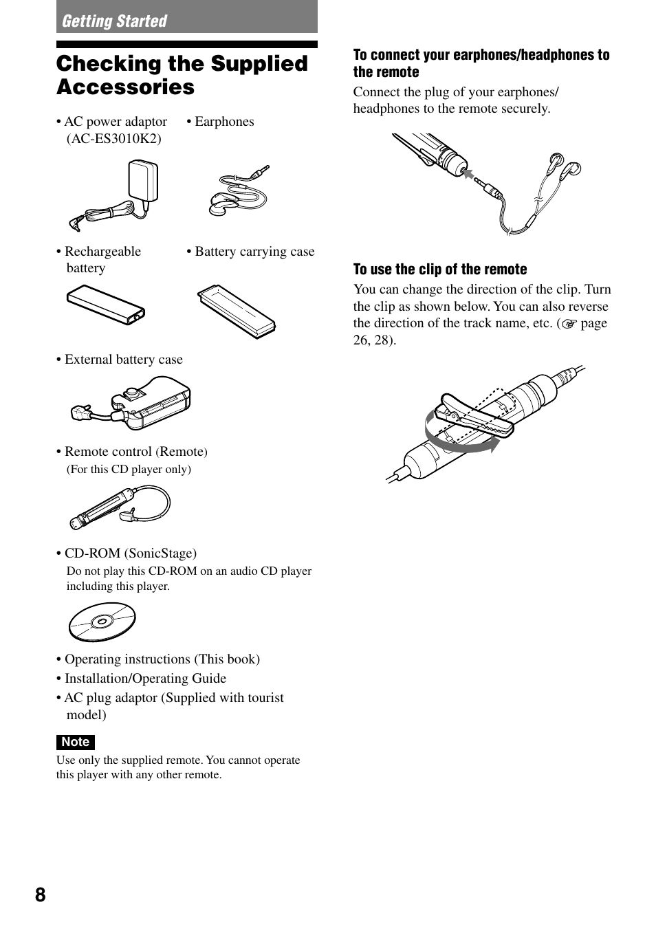 Getting started, Checking the supplied accessories | Sony NE720LS User Manual | Page 8 / 39