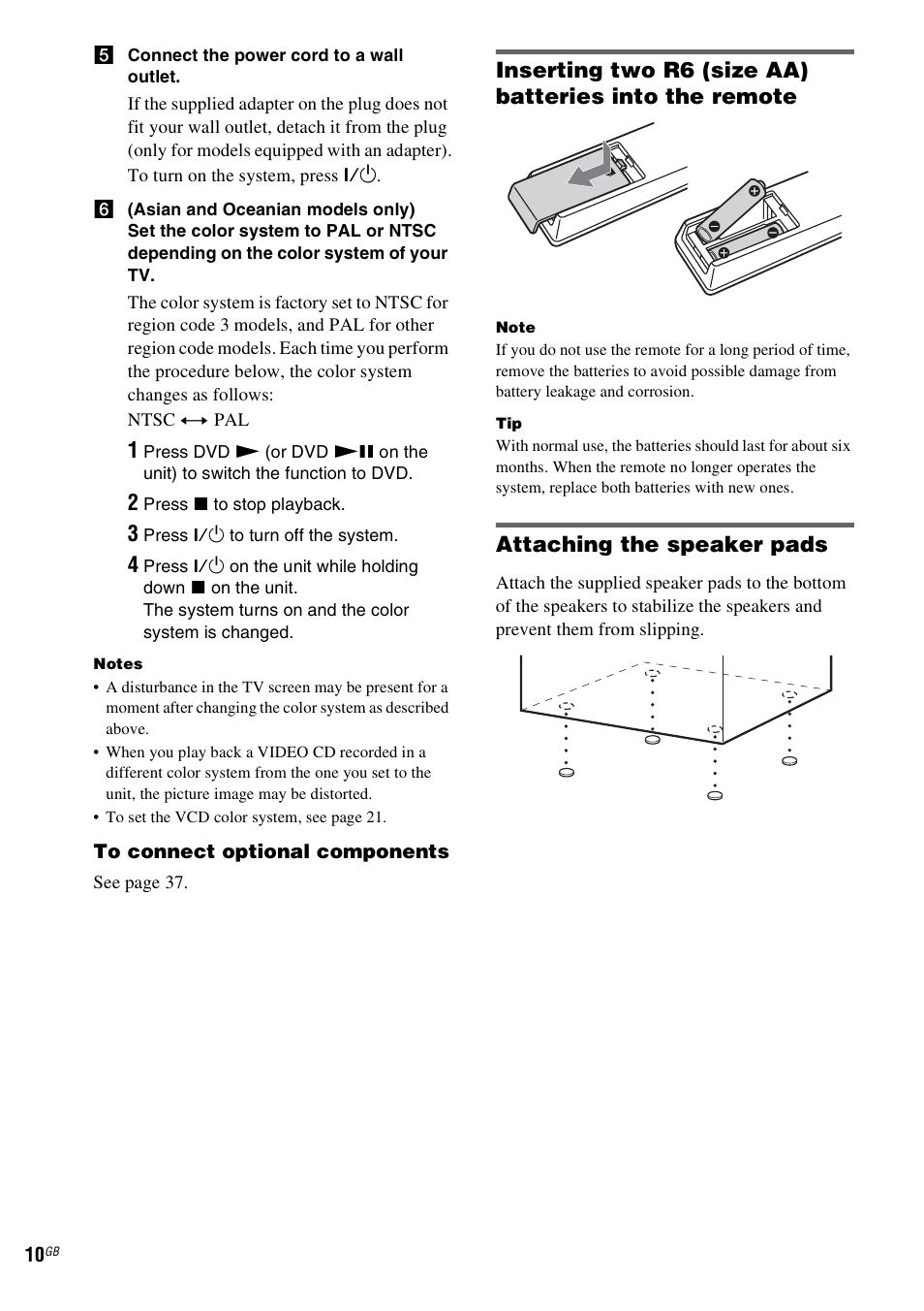 Attaching the speaker pads | Sony CMT-DV2D User Manual | Page 10 / 56