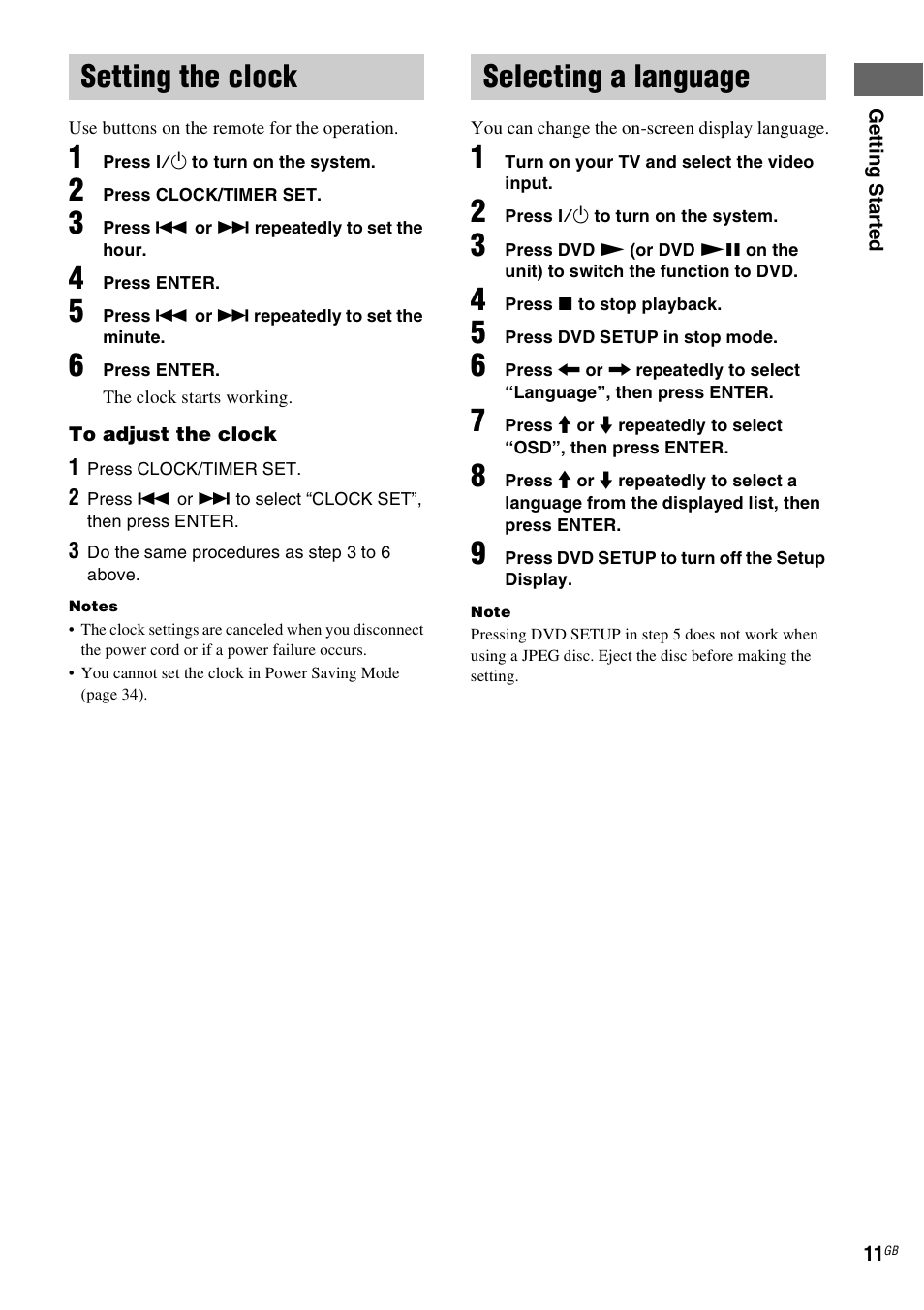 Setting the clock, Selecting a language, Setting the clock selecting a language | Sony CMT-DV2D User Manual | Page 11 / 56