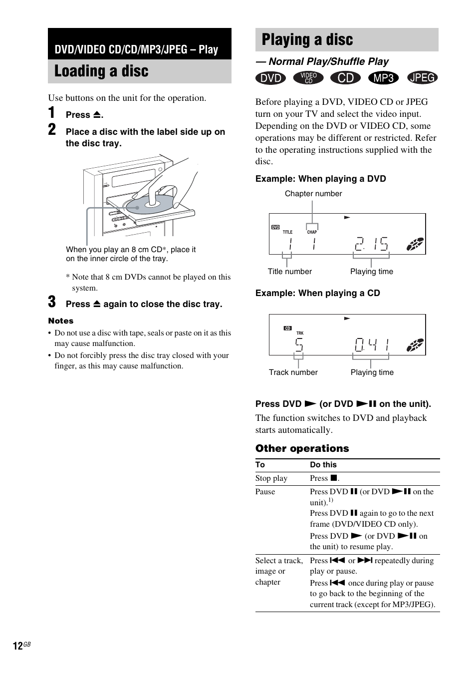 Dvd/video cd/cd/mp3/jpeg - play, Loading a disc, Playing a disc | Normal play/shuffle play, Dvd/video cd/cd/mp3/jpeg – play, Loading a disc playing a disc | Sony CMT-DV2D User Manual | Page 12 / 56