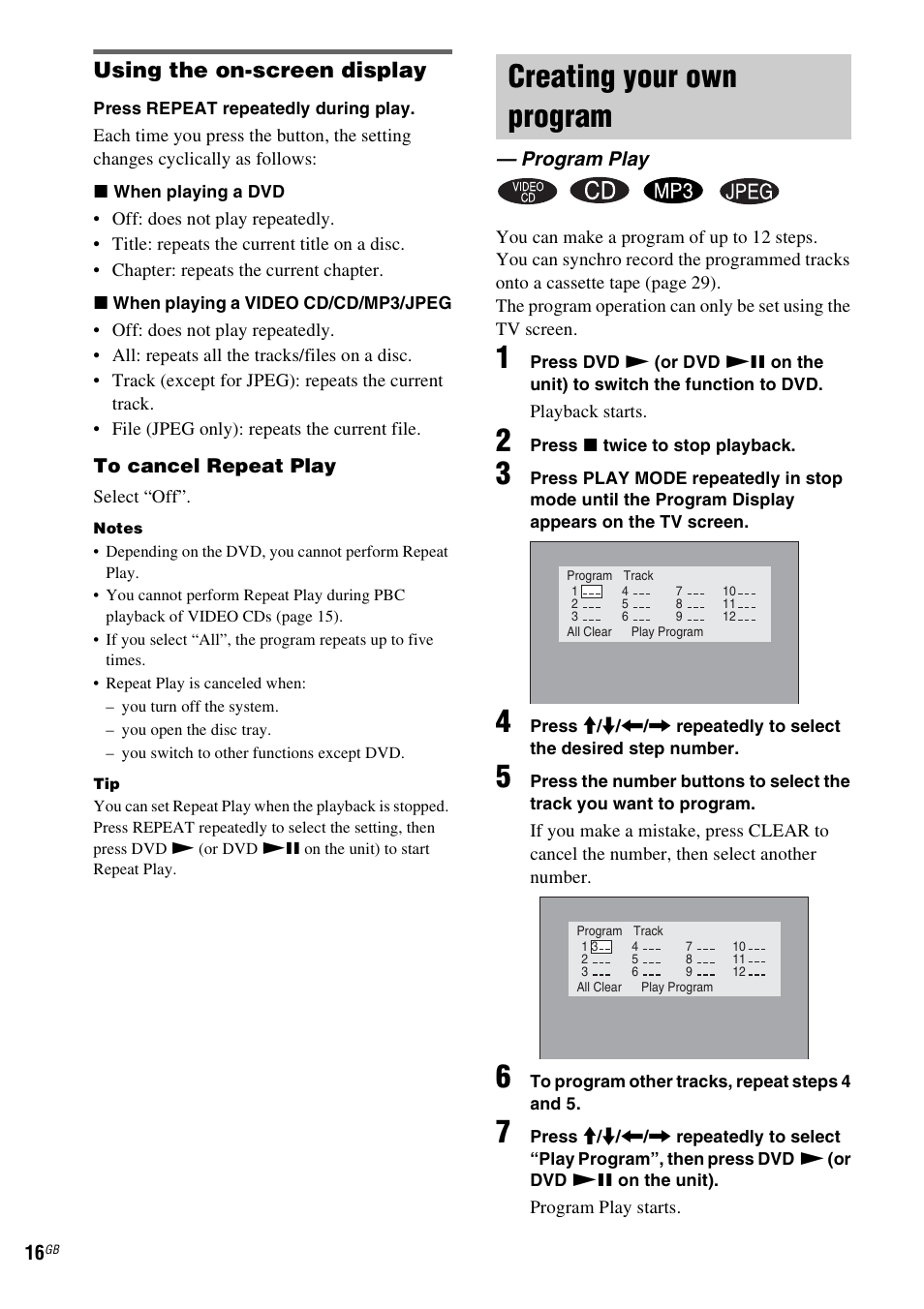 Creating your own program, Program play, Using the on-screen display | Sony CMT-DV2D User Manual | Page 16 / 56
