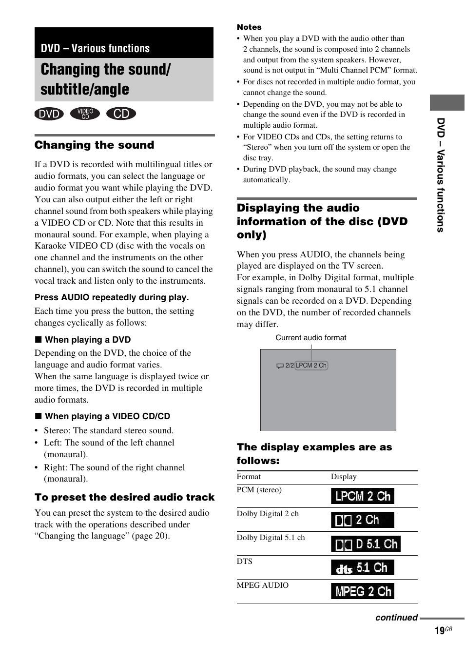 Dvd - various functions, Changing the sound/ subtitle/angle, Dvd – various functions | Changing the sound/subtitle/angle, Changing the sound | Sony CMT-DV2D User Manual | Page 19 / 56