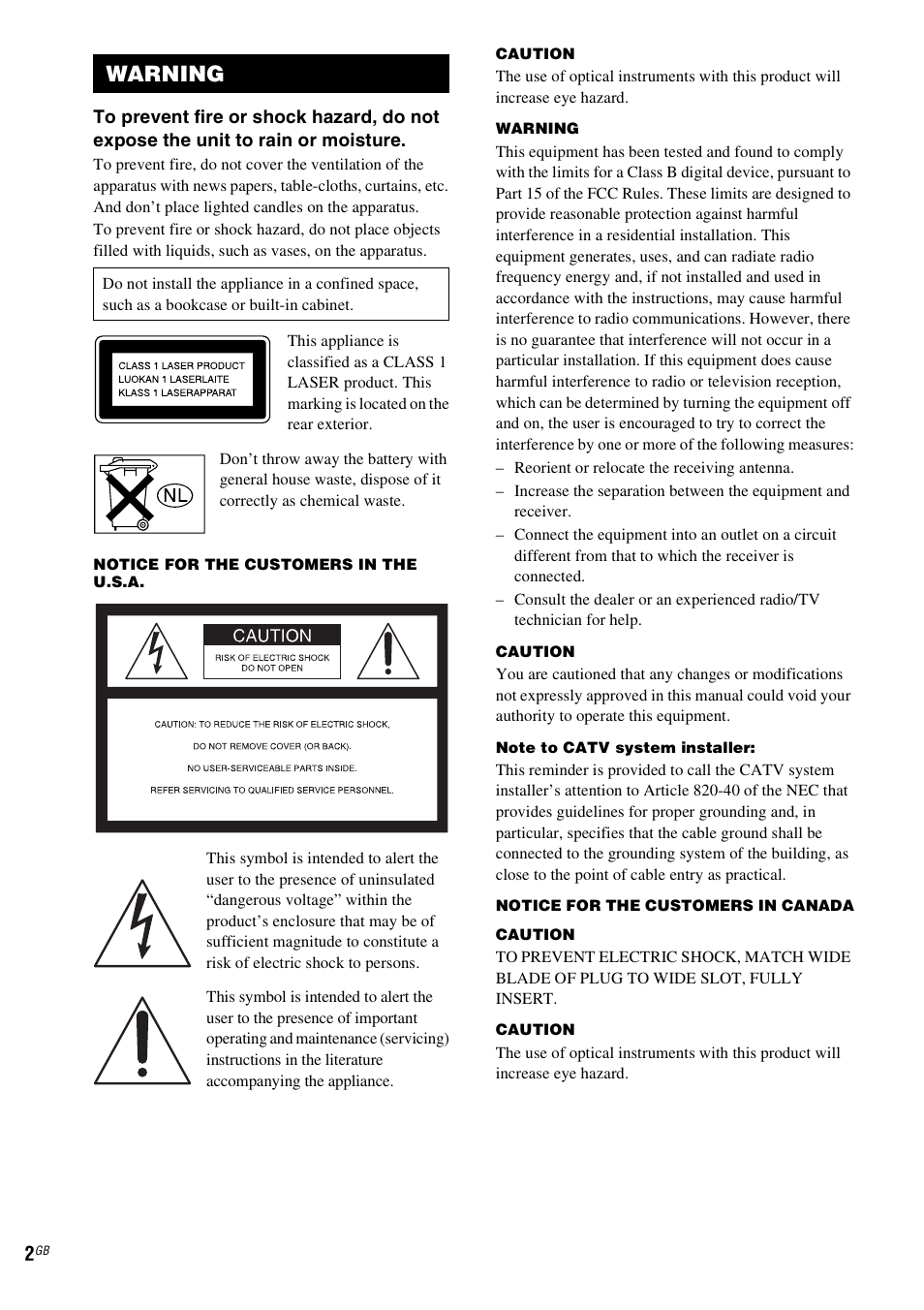 Warning | Sony CMT-DV2D User Manual | Page 2 / 56