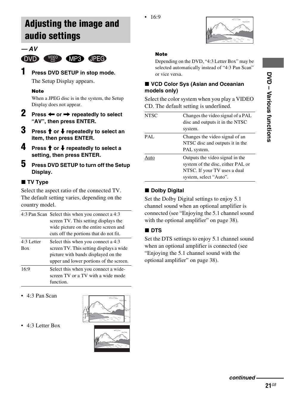 Adjusting the image and audio settings, Adjusting the image and audio, Settings — av | Sony CMT-DV2D User Manual | Page 21 / 56