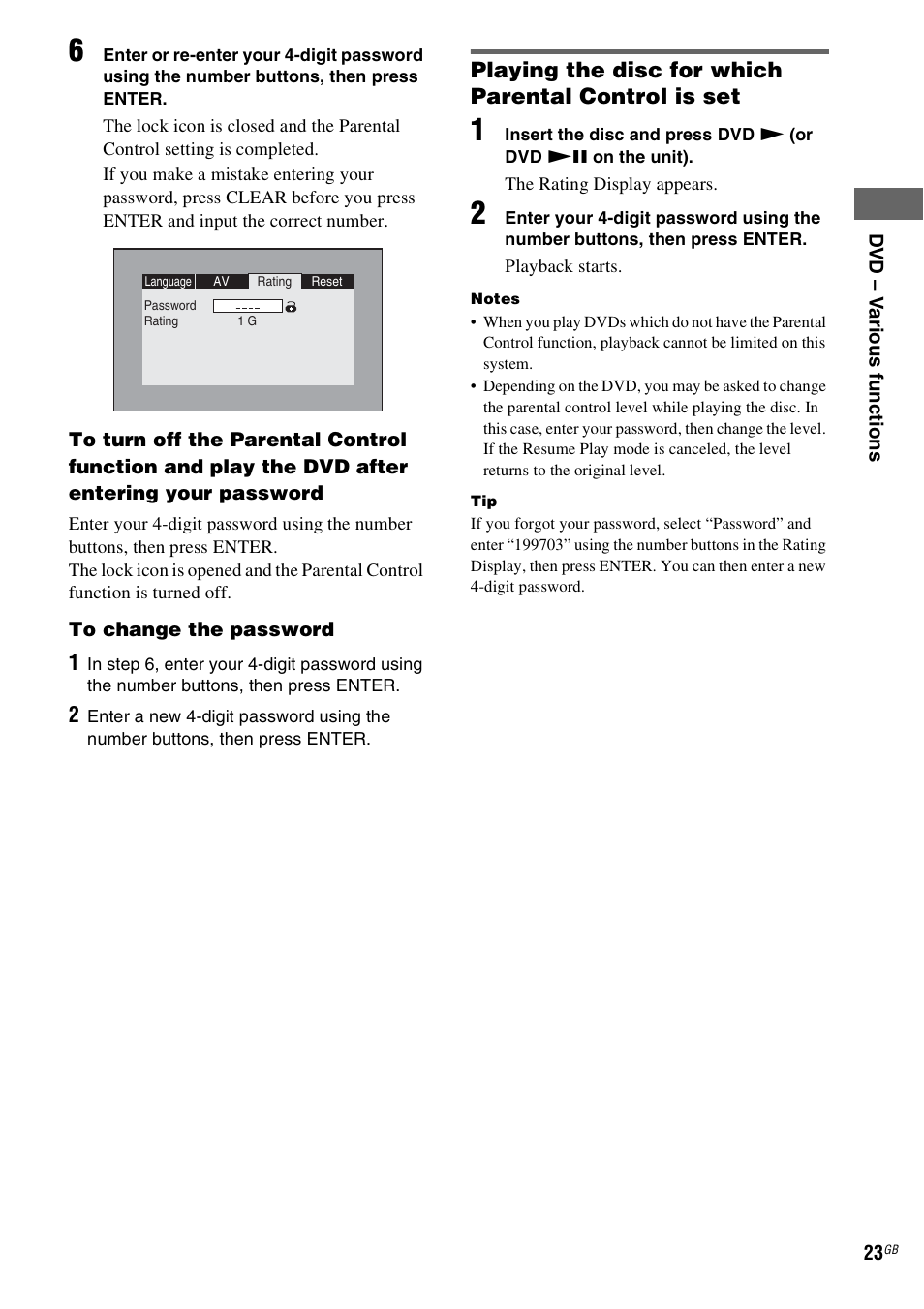 Playing the disc for which parental control is set | Sony CMT-DV2D User Manual | Page 23 / 56