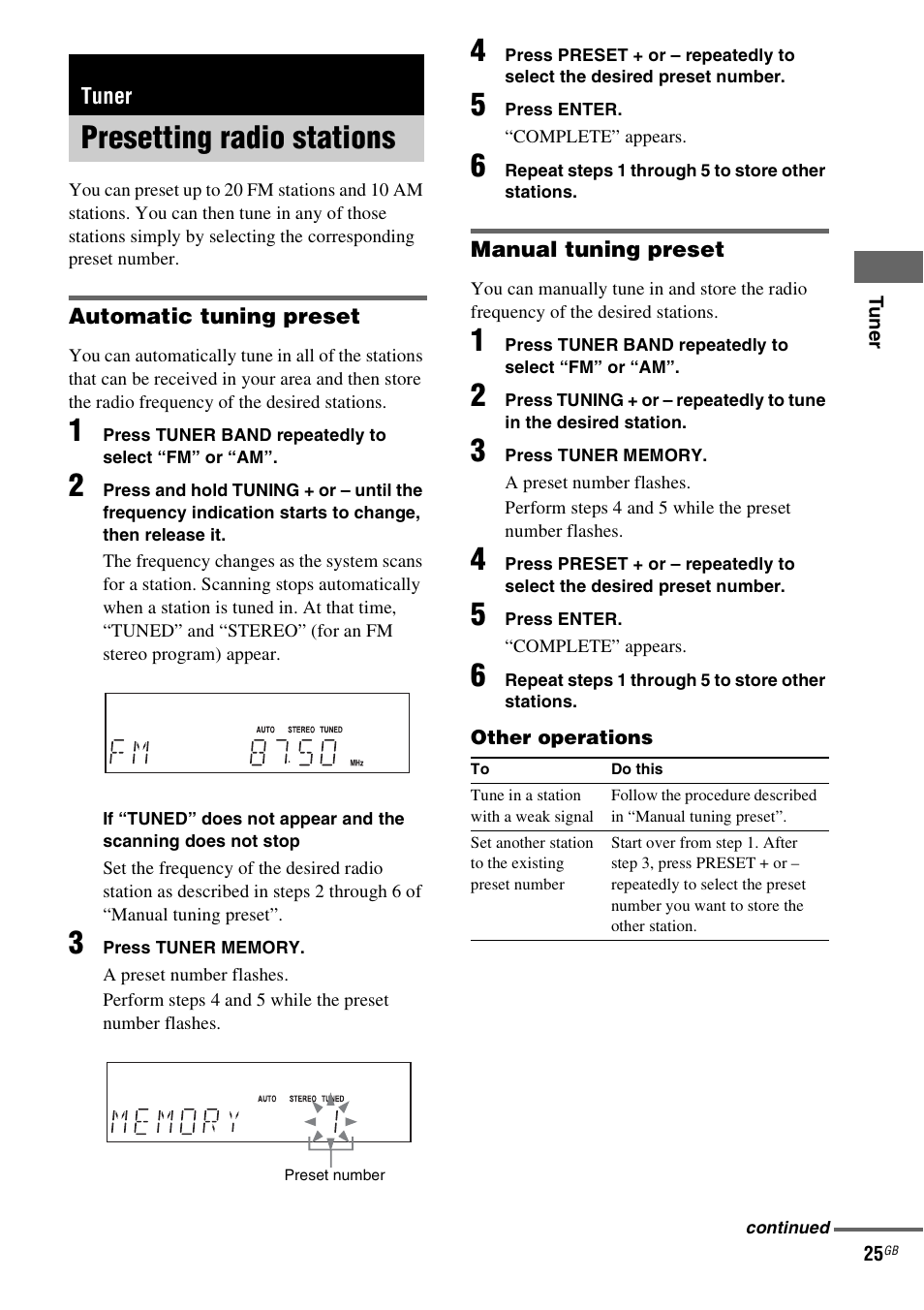 Tuner, Presetting radio stations | Sony CMT-DV2D User Manual | Page 25 / 56