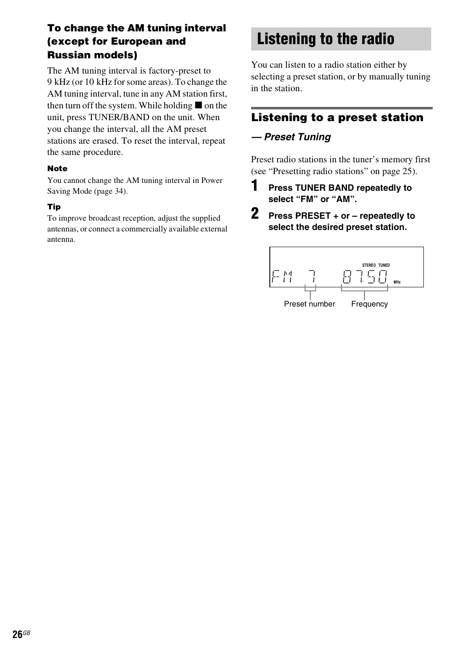 Listening to the radio, Preset tuning | Sony CMT-DV2D User Manual | Page 26 / 56