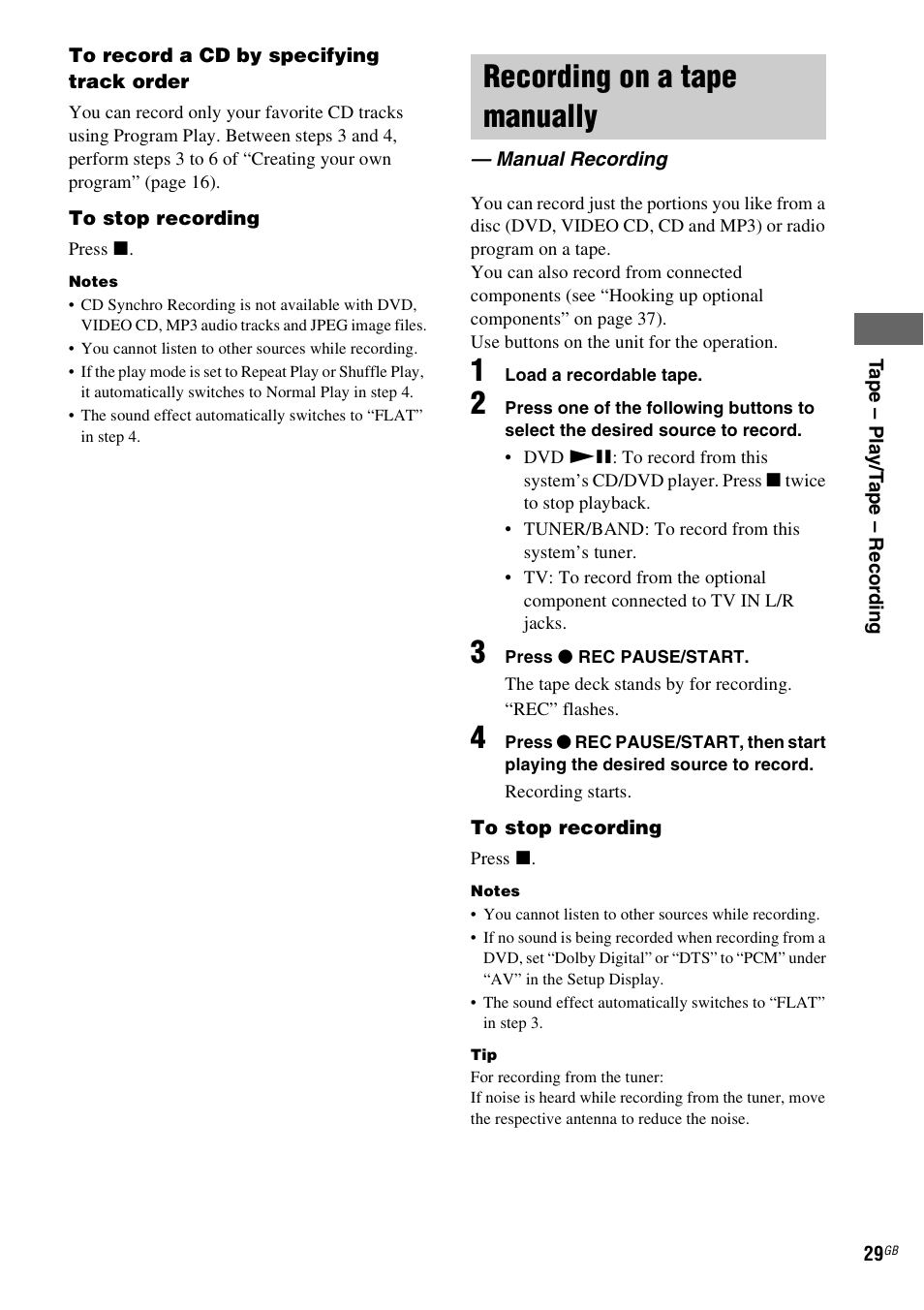 Recording on a tape manually, Manual recording | Sony CMT-DV2D User Manual | Page 29 / 56