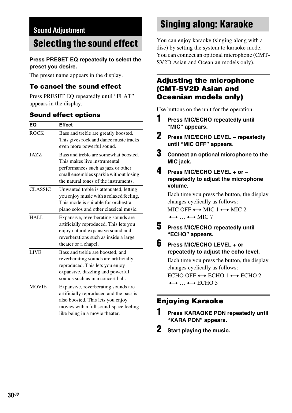 Sound adjustment, Selecting the sound effect, Singing along: karaoke | Selecting the sound effect singing along: karaoke | Sony CMT-DV2D User Manual | Page 30 / 56