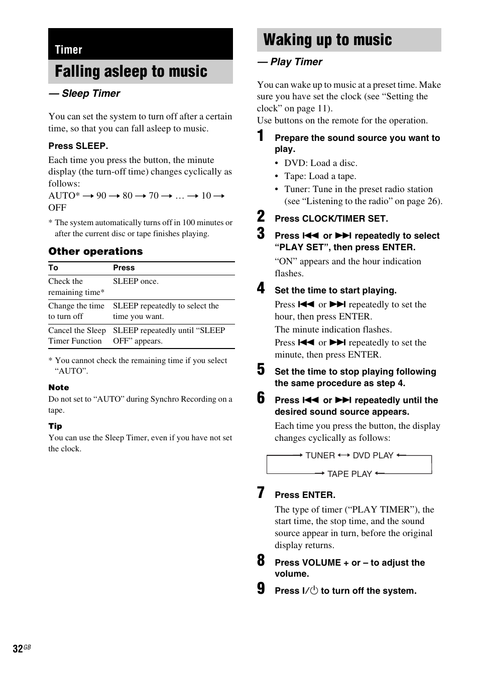 Timer, Falling asleep to music, Sleep timer | Waking up to music, Play timer | Sony CMT-DV2D User Manual | Page 32 / 56