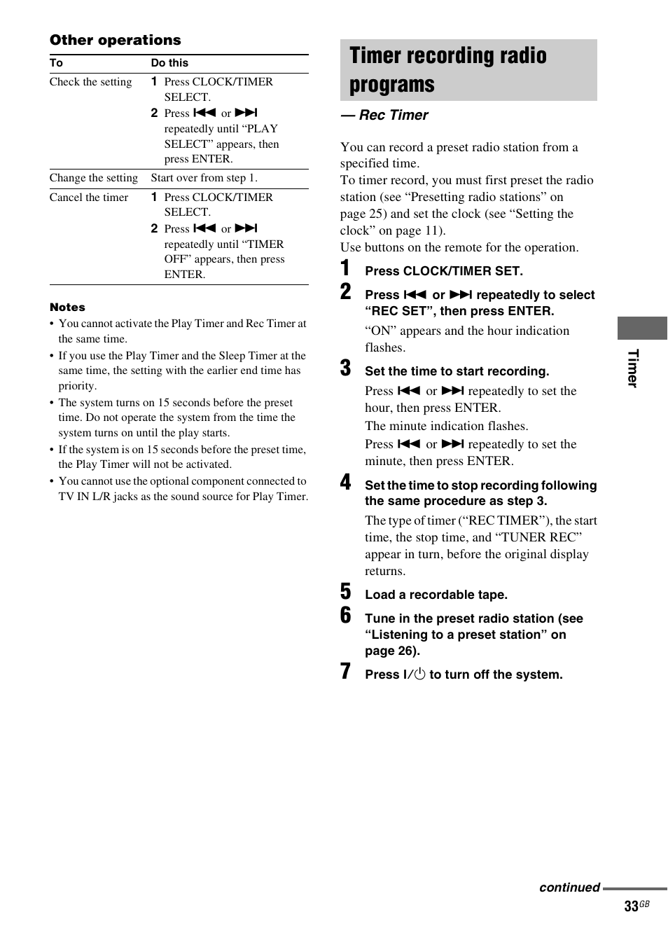 Timer recording radio programs, Rec timer | Sony CMT-DV2D User Manual | Page 33 / 56