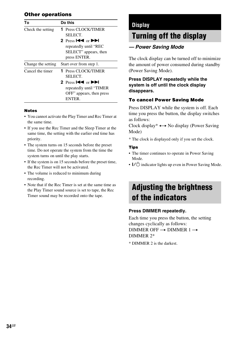 Display, Turning off the display, Power saving mode | Adjusting the brightness of the indicators, Adjusting the brightness of the, Indicators | Sony CMT-DV2D User Manual | Page 34 / 56
