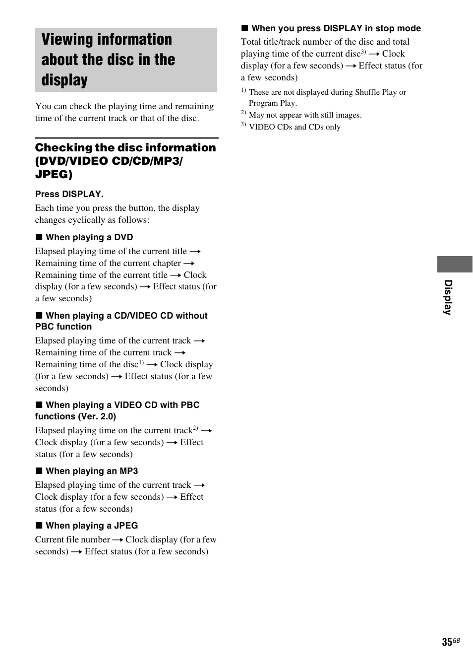 Viewing information about the disc in the display, Viewing information about the disc in the, Display | Sony CMT-DV2D User Manual | Page 35 / 56