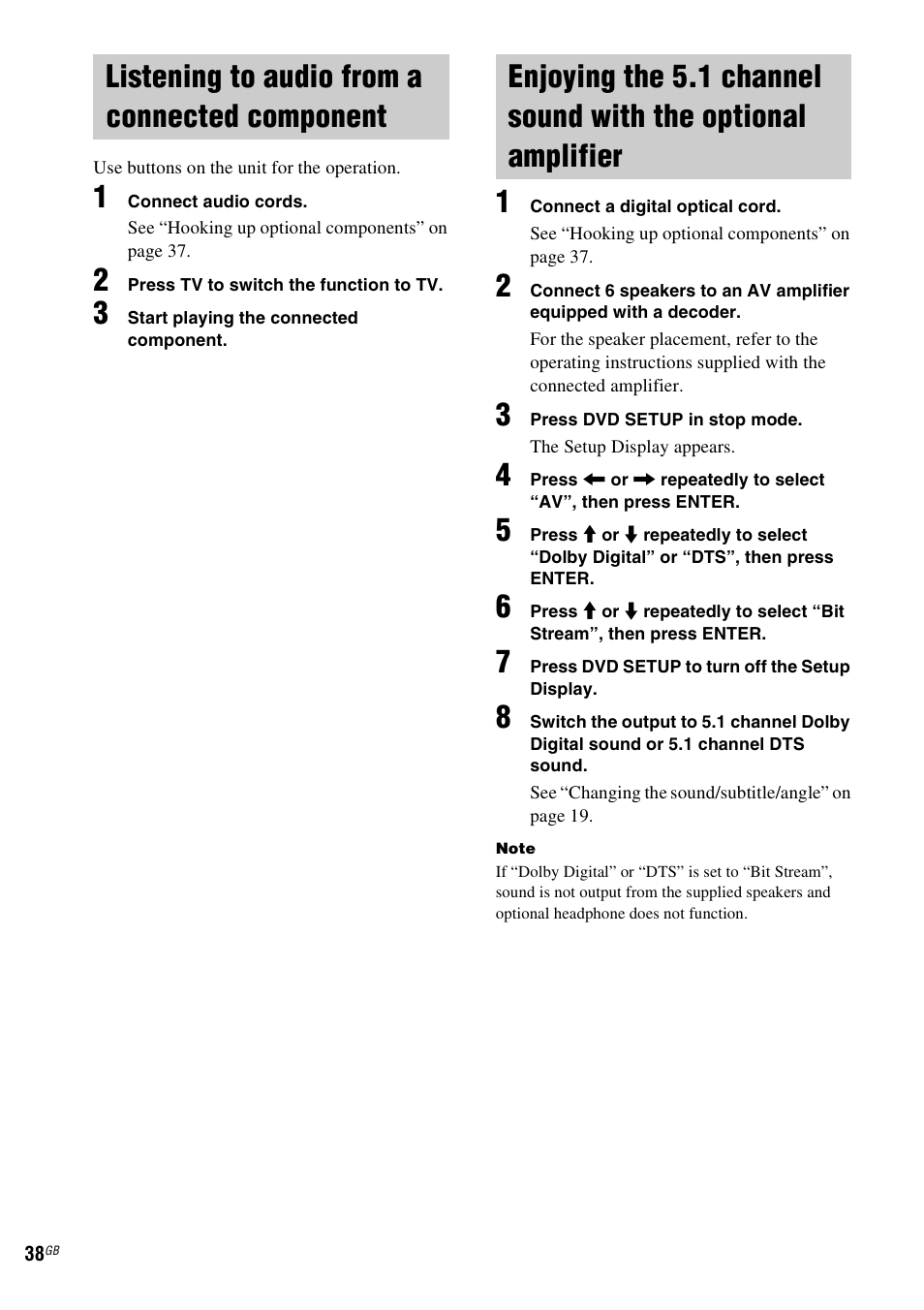 Listening to audio from a connected component, Listening to audio from a connected, Component | Enjoying the 5.1 channel sound with the, Optional amplifier | Sony CMT-DV2D User Manual | Page 38 / 56