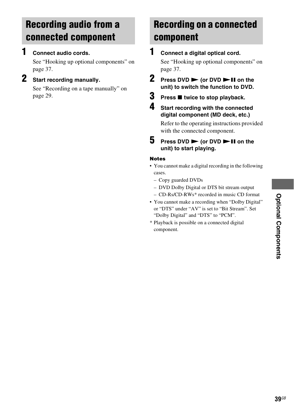 Recording audio from a connected component, Recording on a connected component, Recording audio from a connected | Component, Recording on a connected | Sony CMT-DV2D User Manual | Page 39 / 56