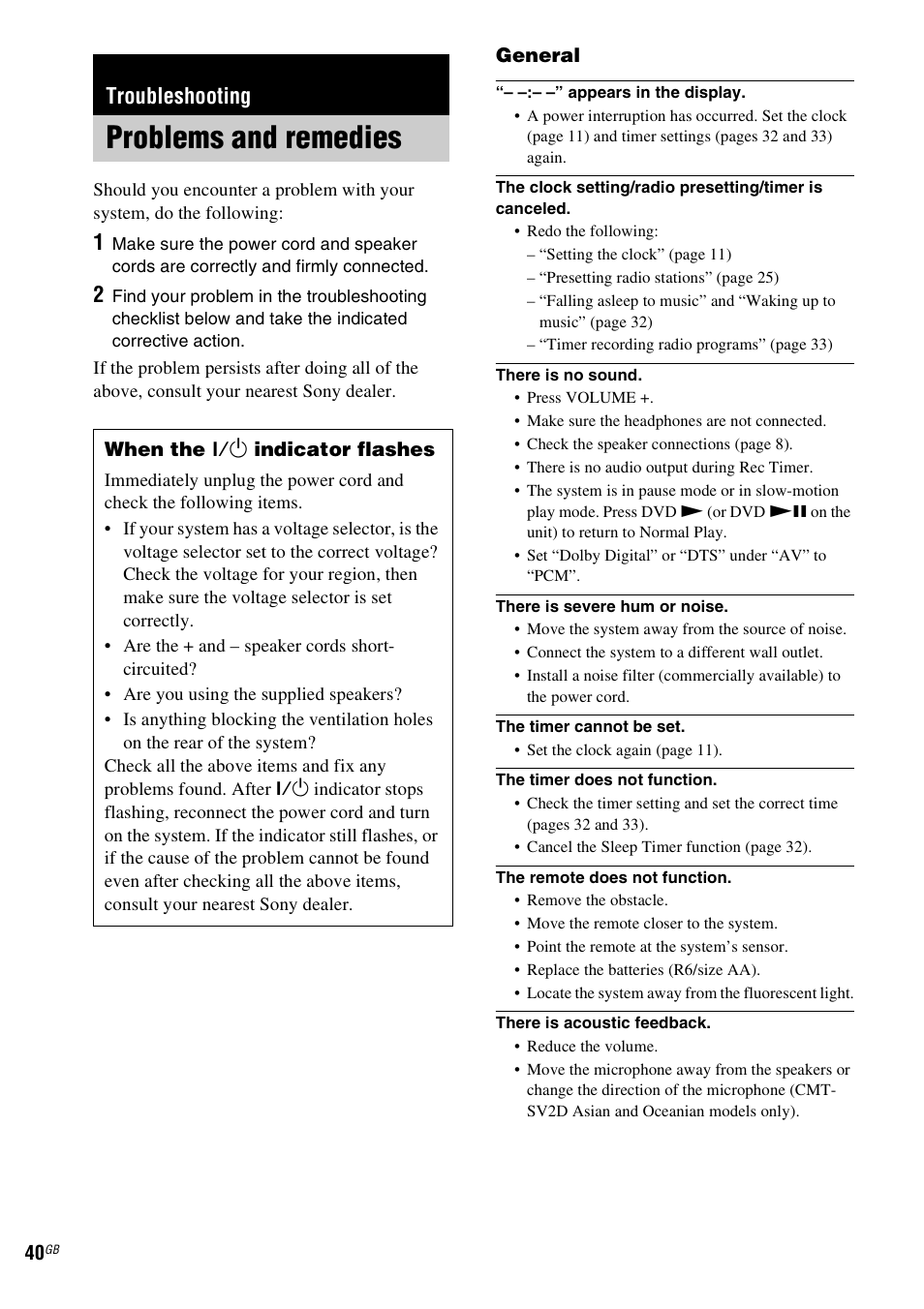 Troubleshooting, Problems and remedies | Sony CMT-DV2D User Manual | Page 40 / 56
