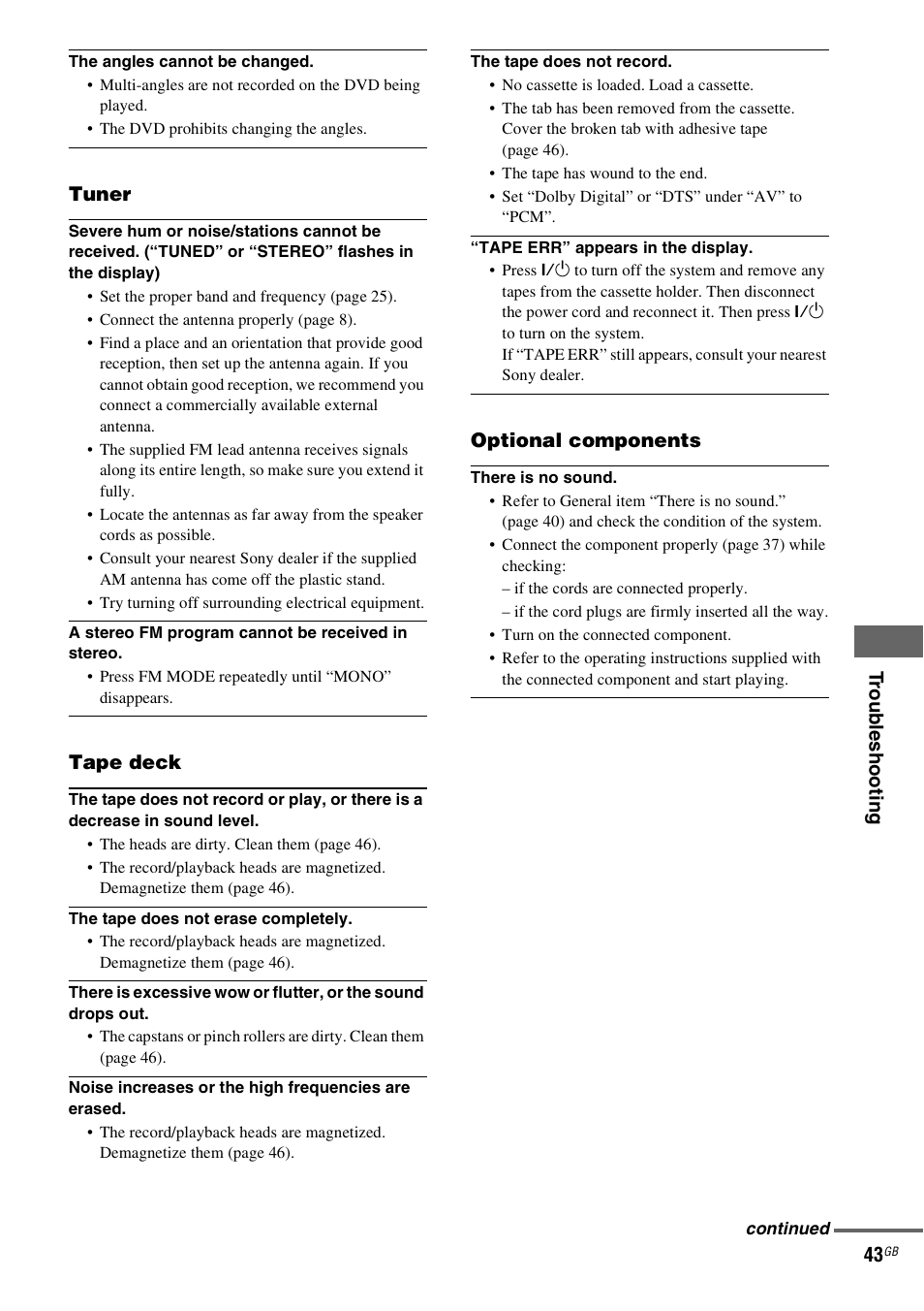 Troub lesh ootin g 43, Tuner, Tape deck | Optional components | Sony CMT-DV2D User Manual | Page 43 / 56