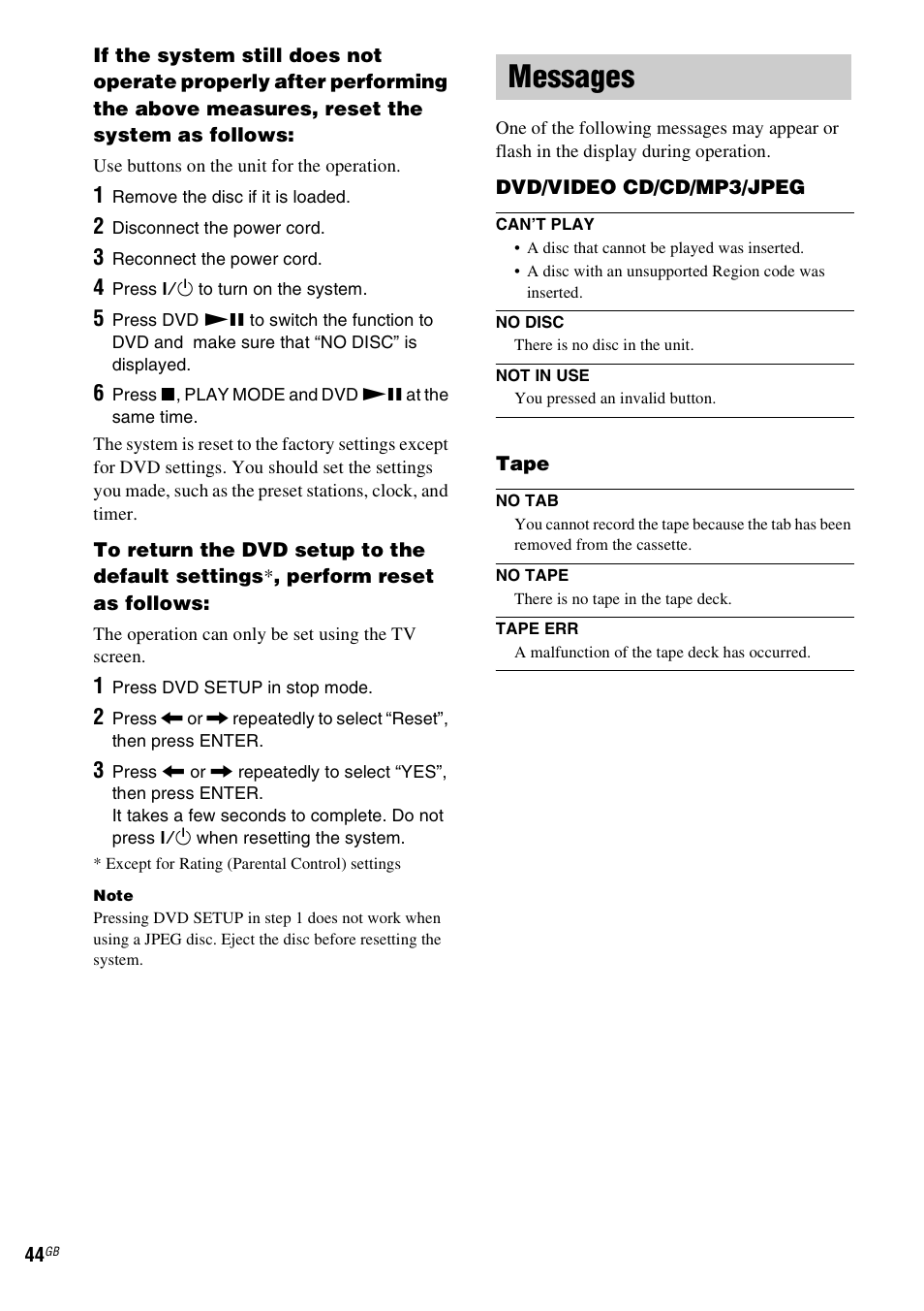 Messages | Sony CMT-DV2D User Manual | Page 44 / 56