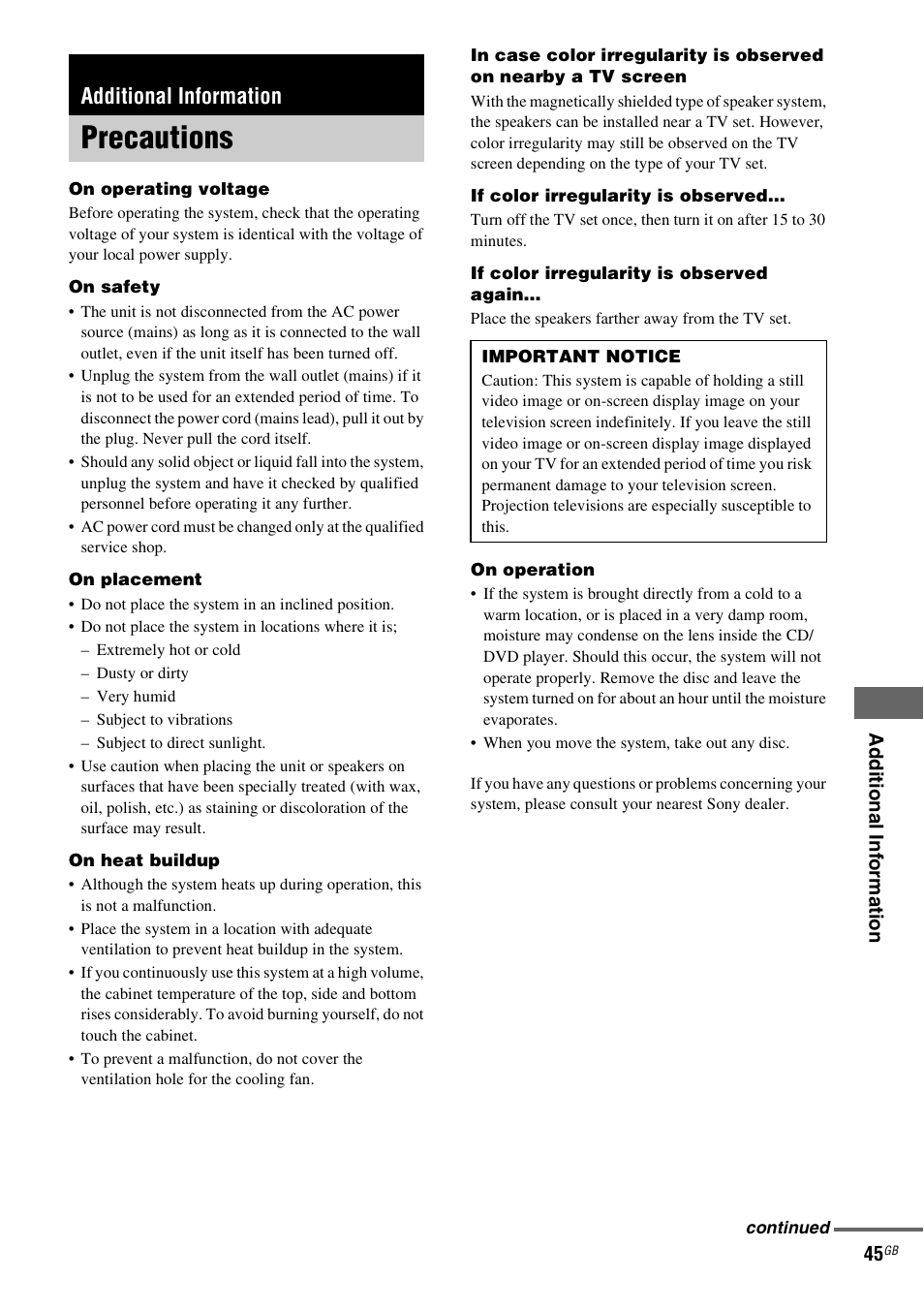 Additional information, Precautions | Sony CMT-DV2D User Manual | Page 45 / 56