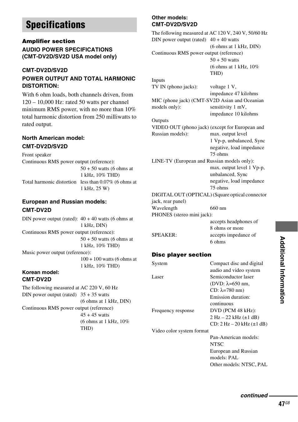 Specifications | Sony CMT-DV2D User Manual | Page 47 / 56