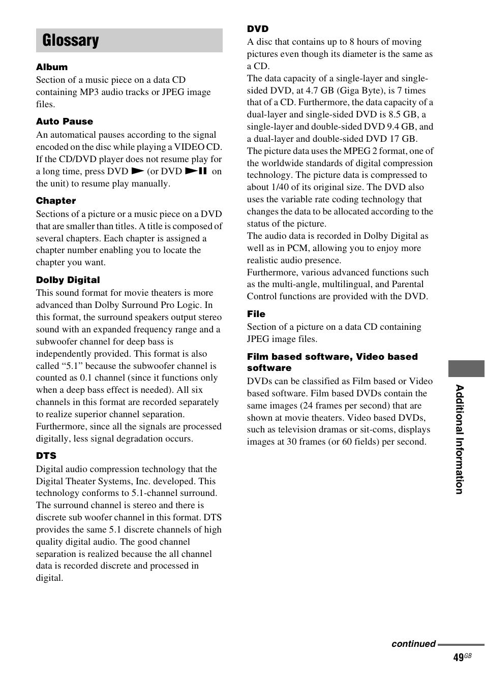Glossary | Sony CMT-DV2D User Manual | Page 49 / 56