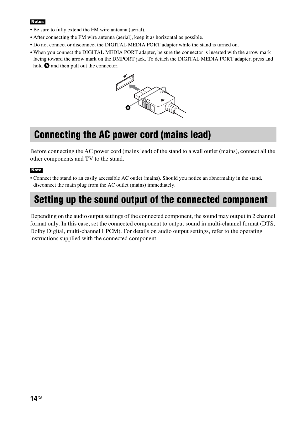 Connecting the ac power cord (mains lead), Connecting the ac power cord (mains, Lead) | Setting up the sound output of the, Connected component | Sony 4-170-060-12(1) User Manual | Page 14 / 40