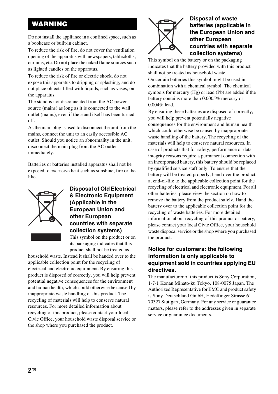 Warning | Sony 4-170-060-12(1) User Manual | Page 2 / 40