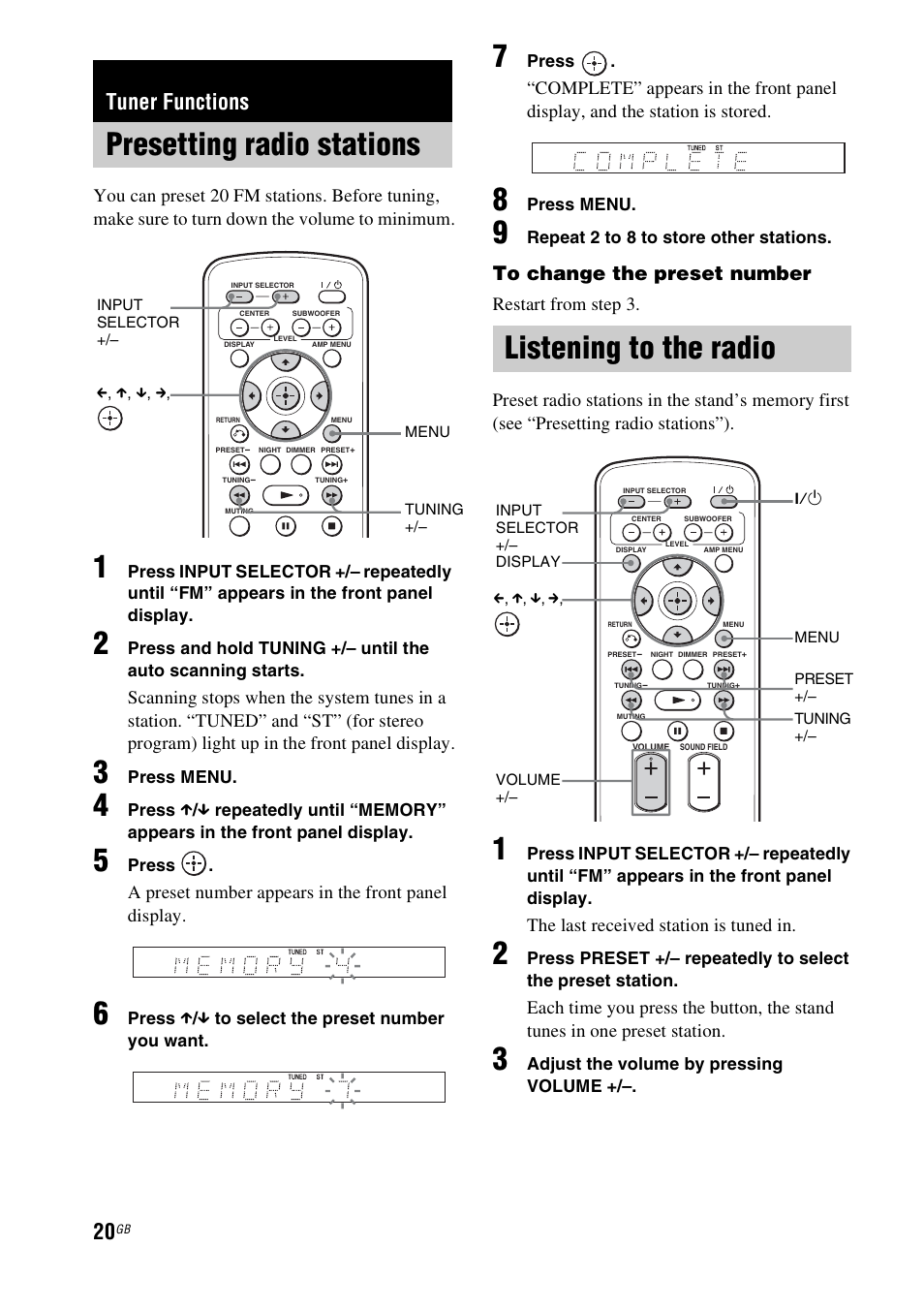 Tuner functions, Presetting radio stations, Listening to the radio | Presetting radio stations listening to the radio, A preset number appears in the front panel display, The last received station is tuned in | Sony 4-170-060-12(1) User Manual | Page 20 / 40