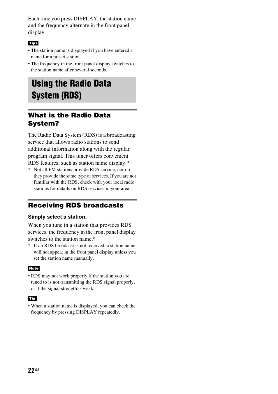 Using the radio data system (rds), What is the radio data system, Receiving rds broadcasts | Sony 4-170-060-12(1) User Manual | Page 22 / 40