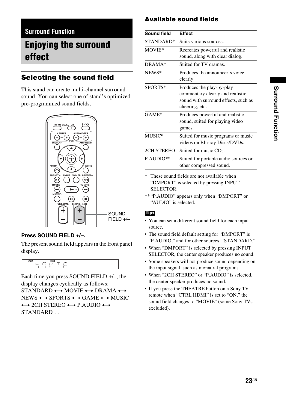 Surround function, Enjoying the surround effect, Selecting the sound field | Su rr oun d fun ctio n, Available sound fields | Sony 4-170-060-12(1) User Manual | Page 23 / 40