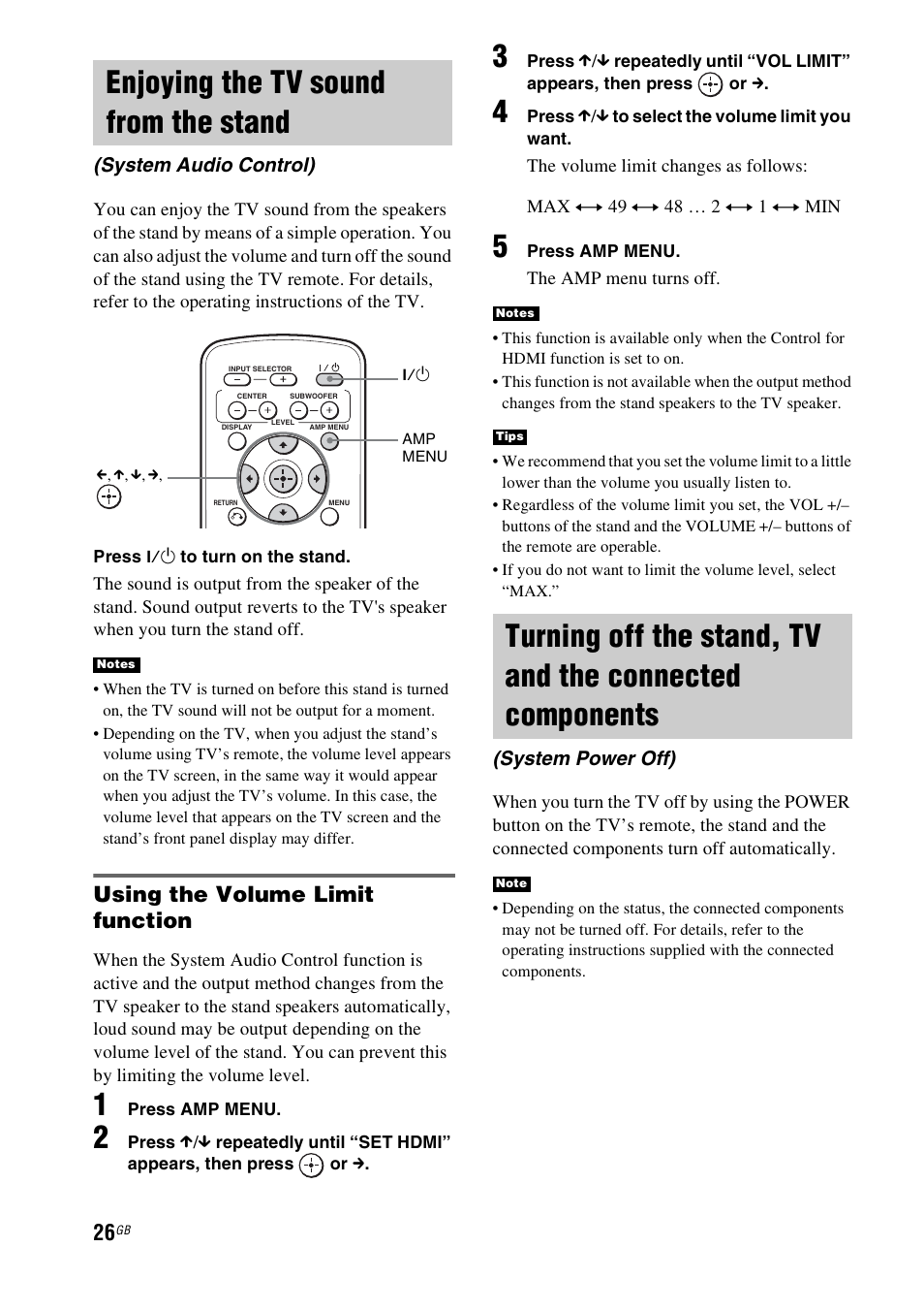 Enjoying the tv sound from the stand, Enjoying the tv sound from the, Stand (system audio control) | Turning off the stand, tv and the, Connected components (system power off), Using the volume limit function | Sony 4-170-060-12(1) User Manual | Page 26 / 40