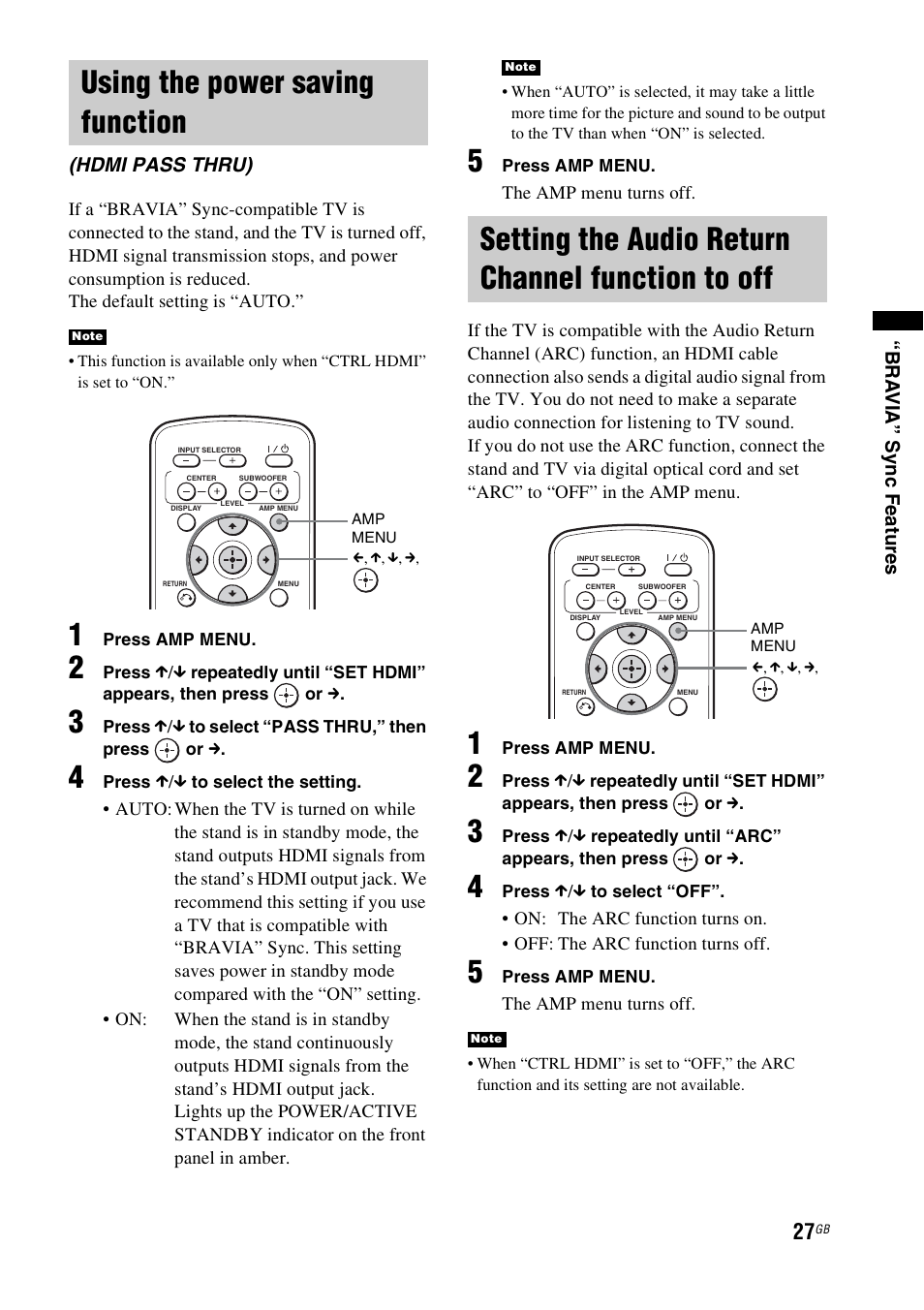 Using the power saving function, Setting the audio return channel function to off, Hdmi pass thru) | Setting the audio return channel function, To off | Sony 4-170-060-12(1) User Manual | Page 27 / 40