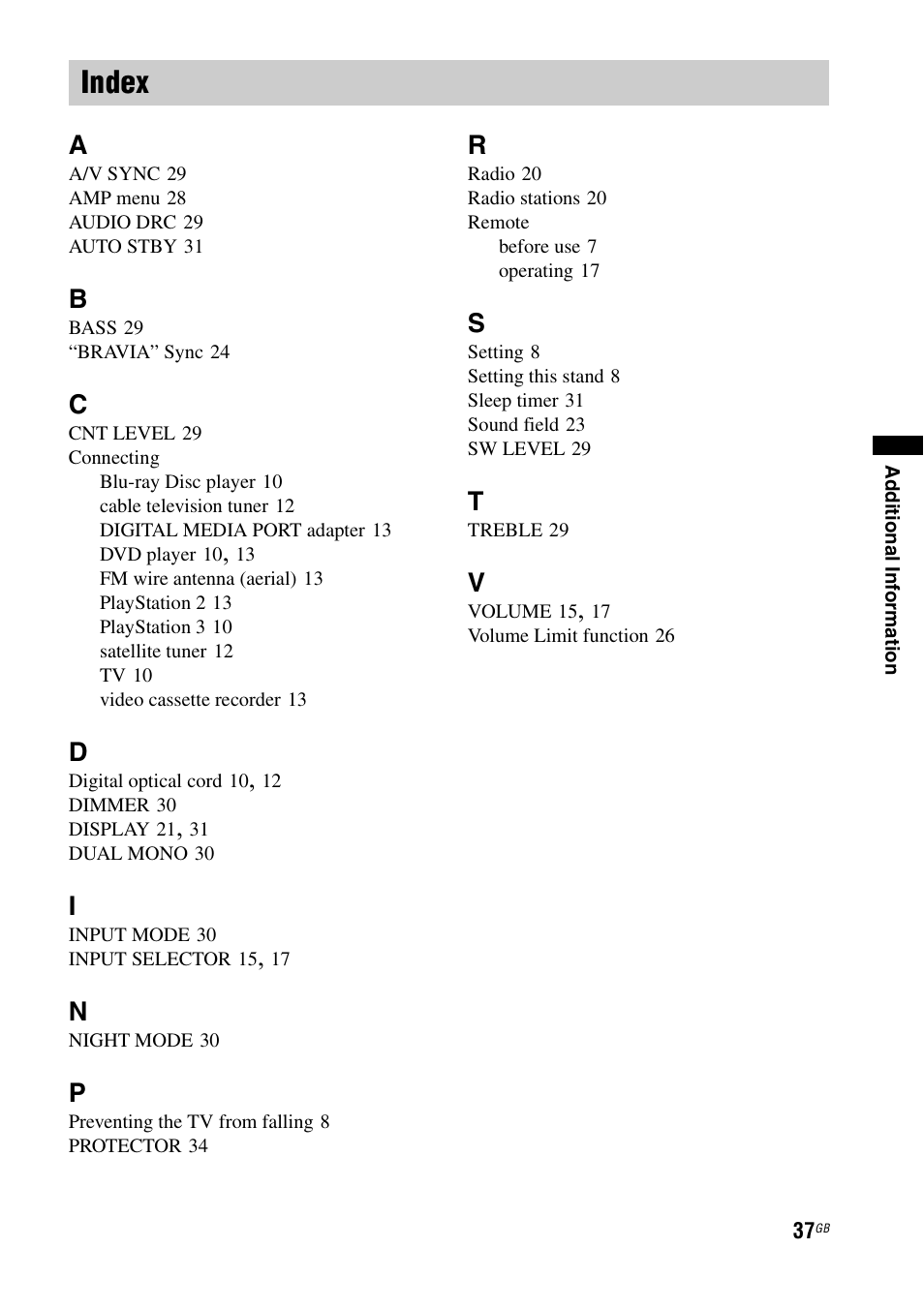 Index | Sony 4-170-060-12(1) User Manual | Page 37 / 40