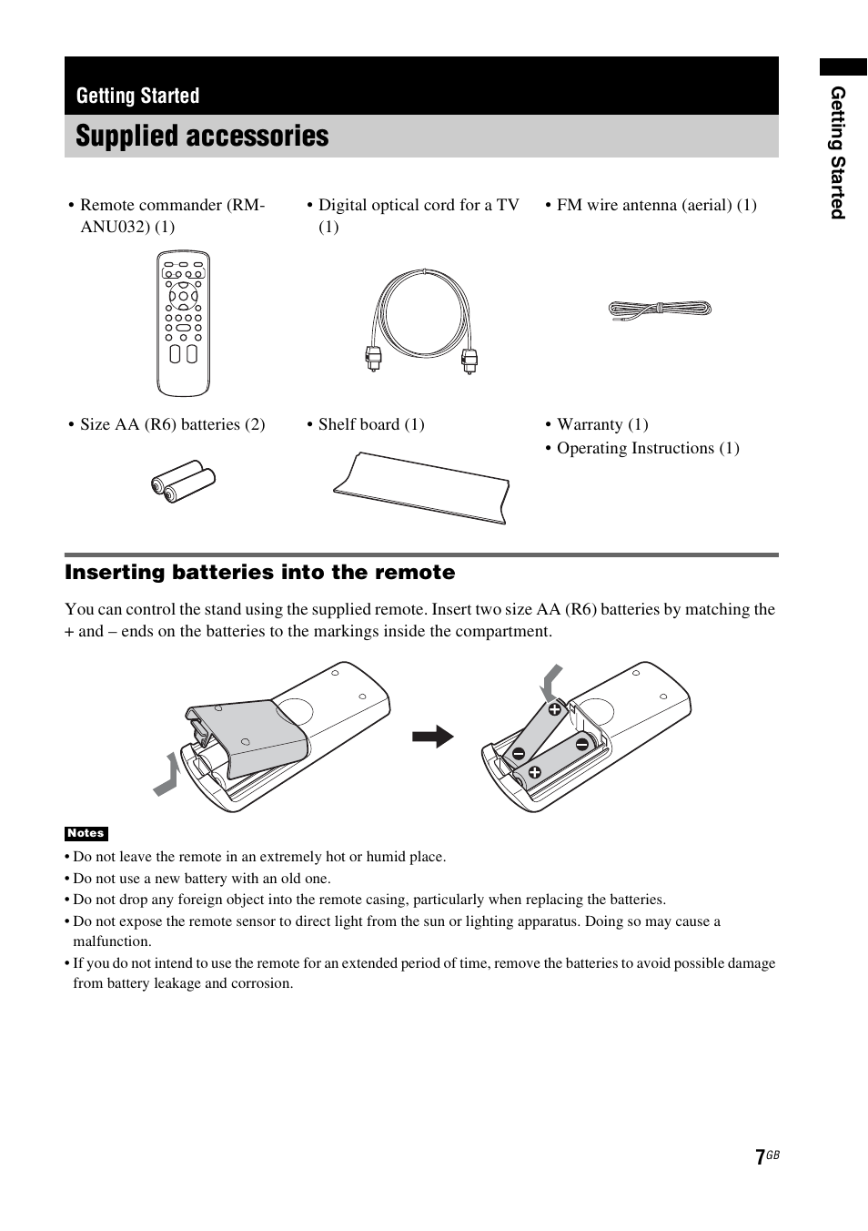 Getting started, Supplied accessories | Sony 4-170-060-12(1) User Manual | Page 7 / 40