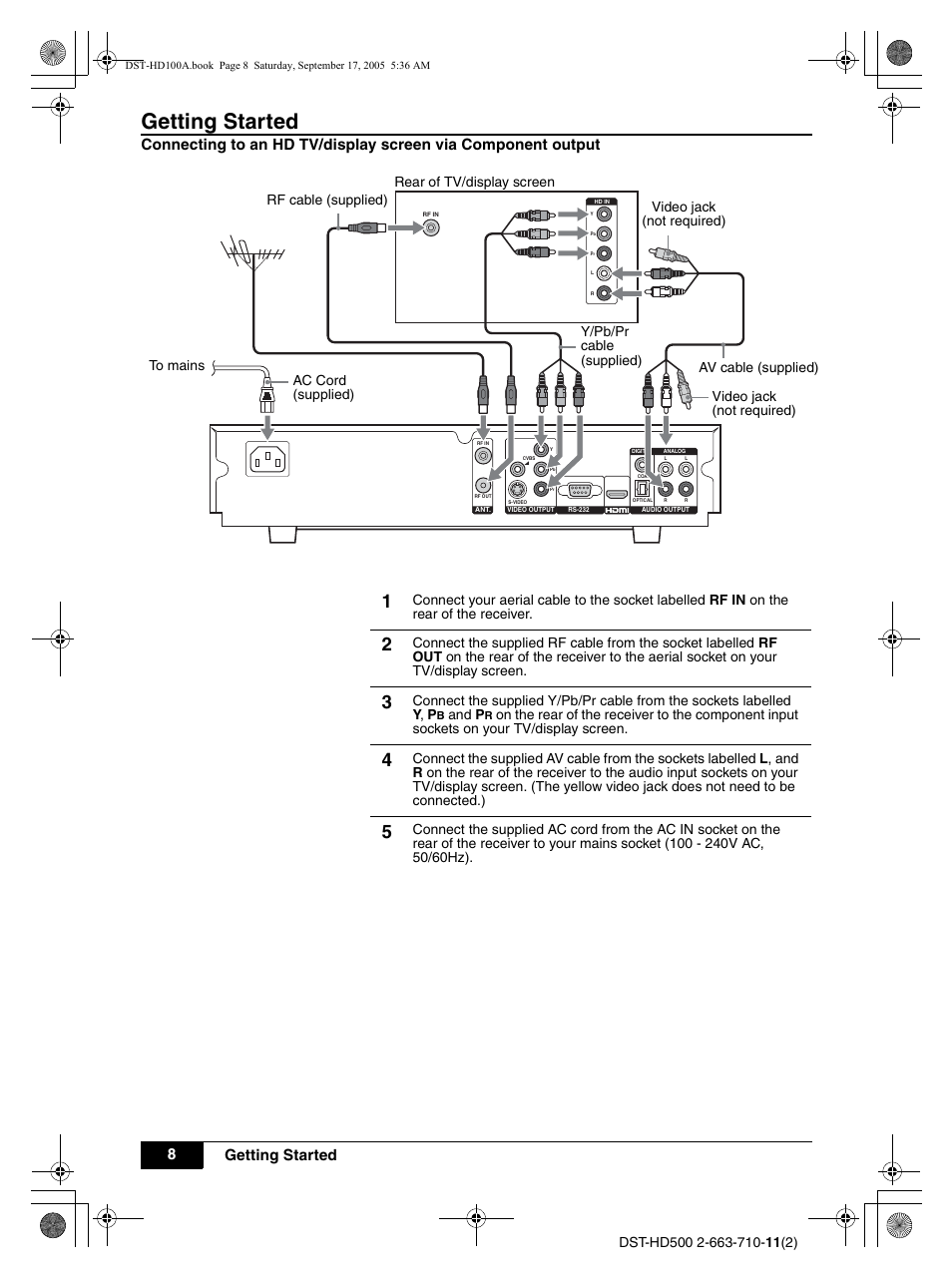 Rf cable (supplied), Getting started, 8getting started | And p | Sony DST-HD500 User Manual | Page 8 / 28