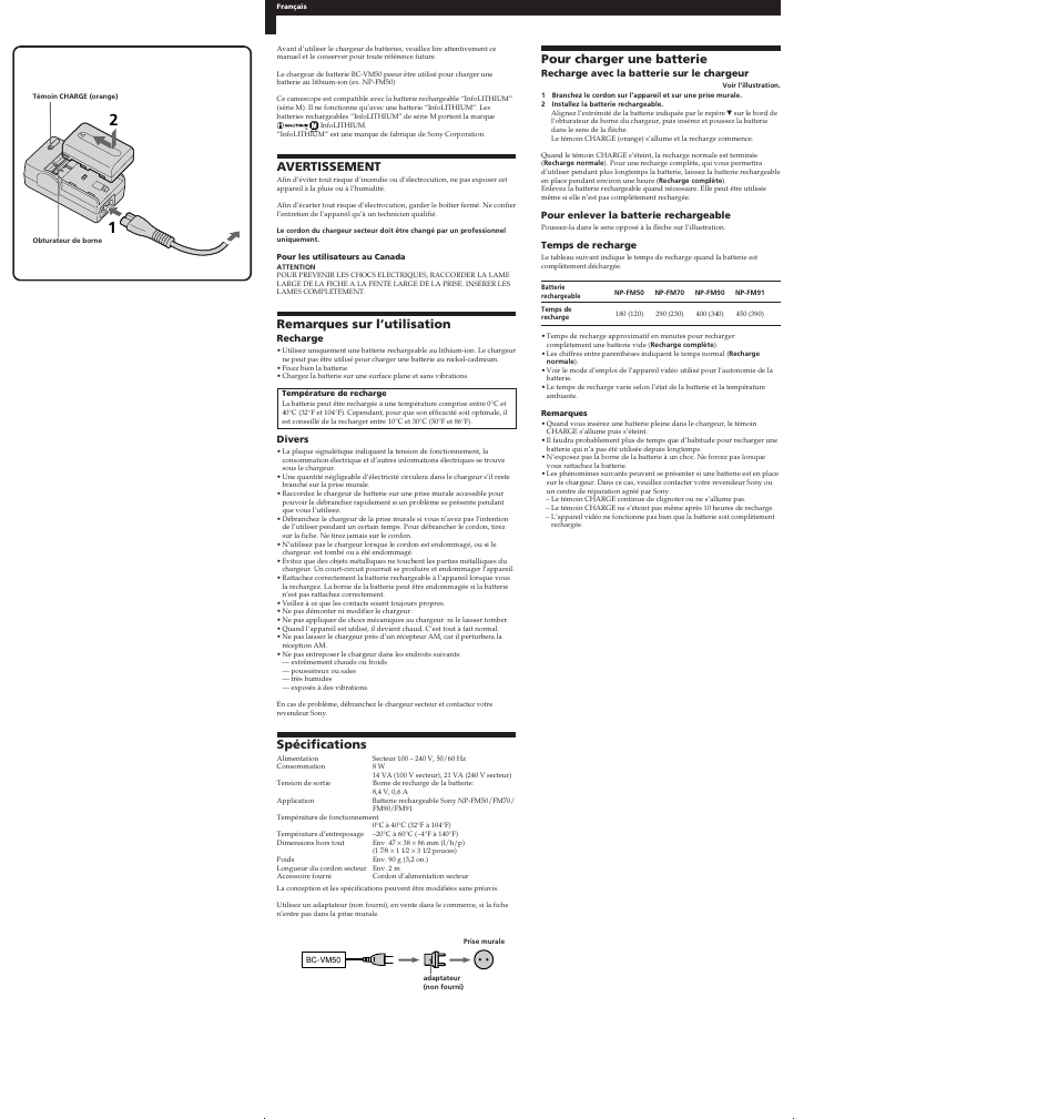 Avertissement, Remarques sur l’utilisation, Spécifications | Pour charger une batterie | Sony BC VM50 User Manual | Page 2 / 2