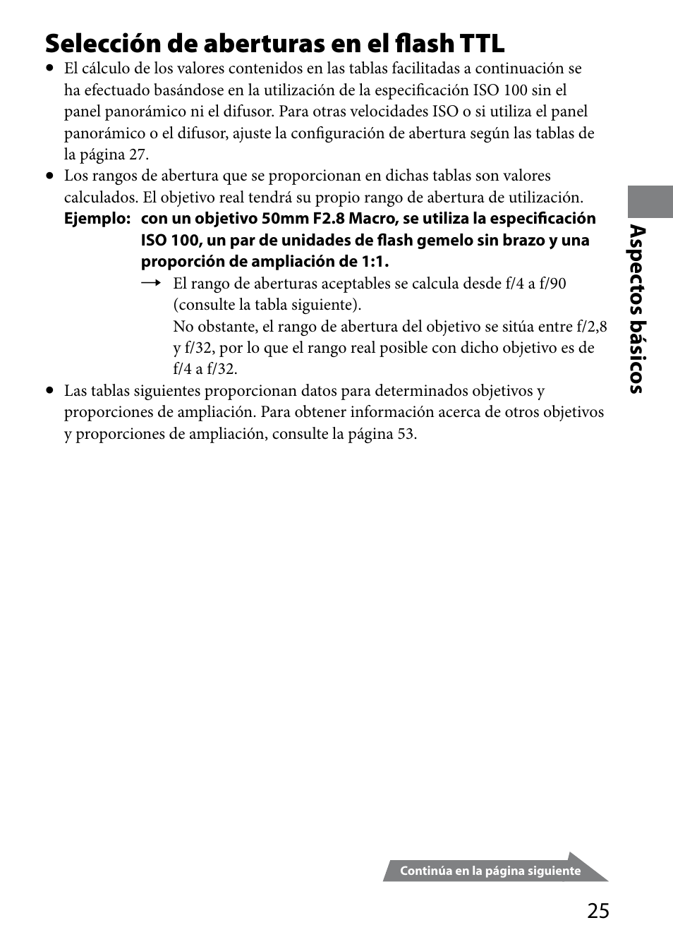Selección de aberturas en el flash ttl, Aspec tos básic os | Sony HVL-MT24AM User Manual | Page 143 / 295