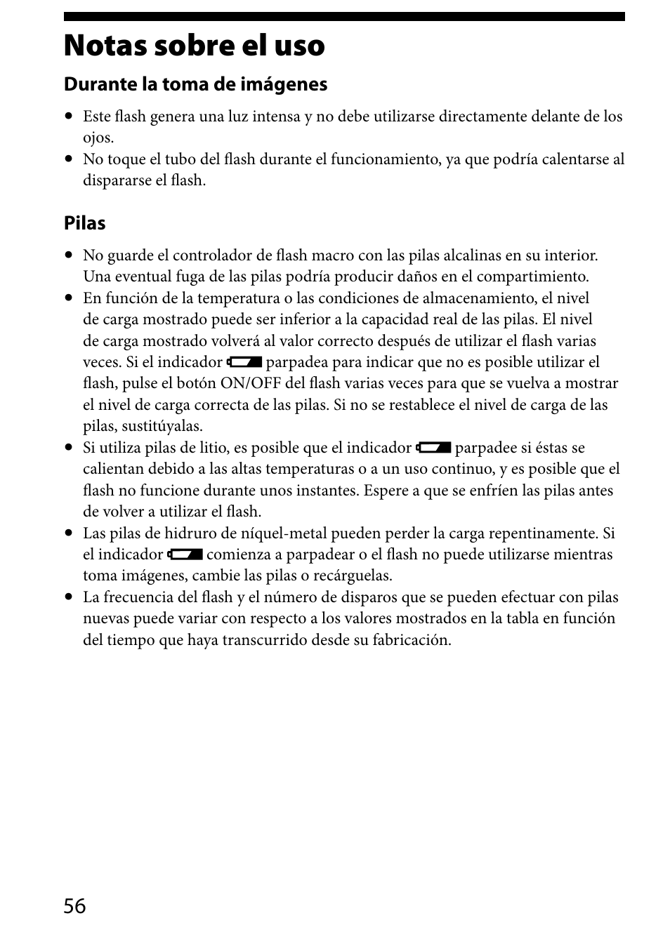 Notas sobre el uso, Durante la toma de imágenes, Pilas | Sony HVL-MT24AM User Manual | Page 174 / 295