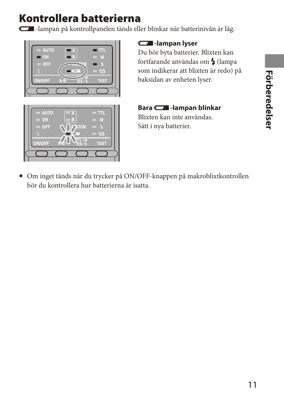 Kontrollera batterierna, 11 för ber edelser | Sony HVL-MT24AM User Manual | Page 187 / 295
