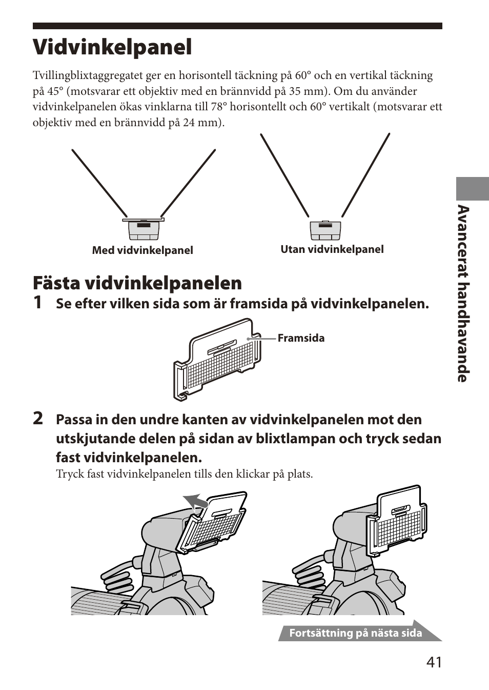 Vidvinkelpanel, Fästa vidvinkelpanelen 1 | Sony HVL-MT24AM User Manual | Page 217 / 295